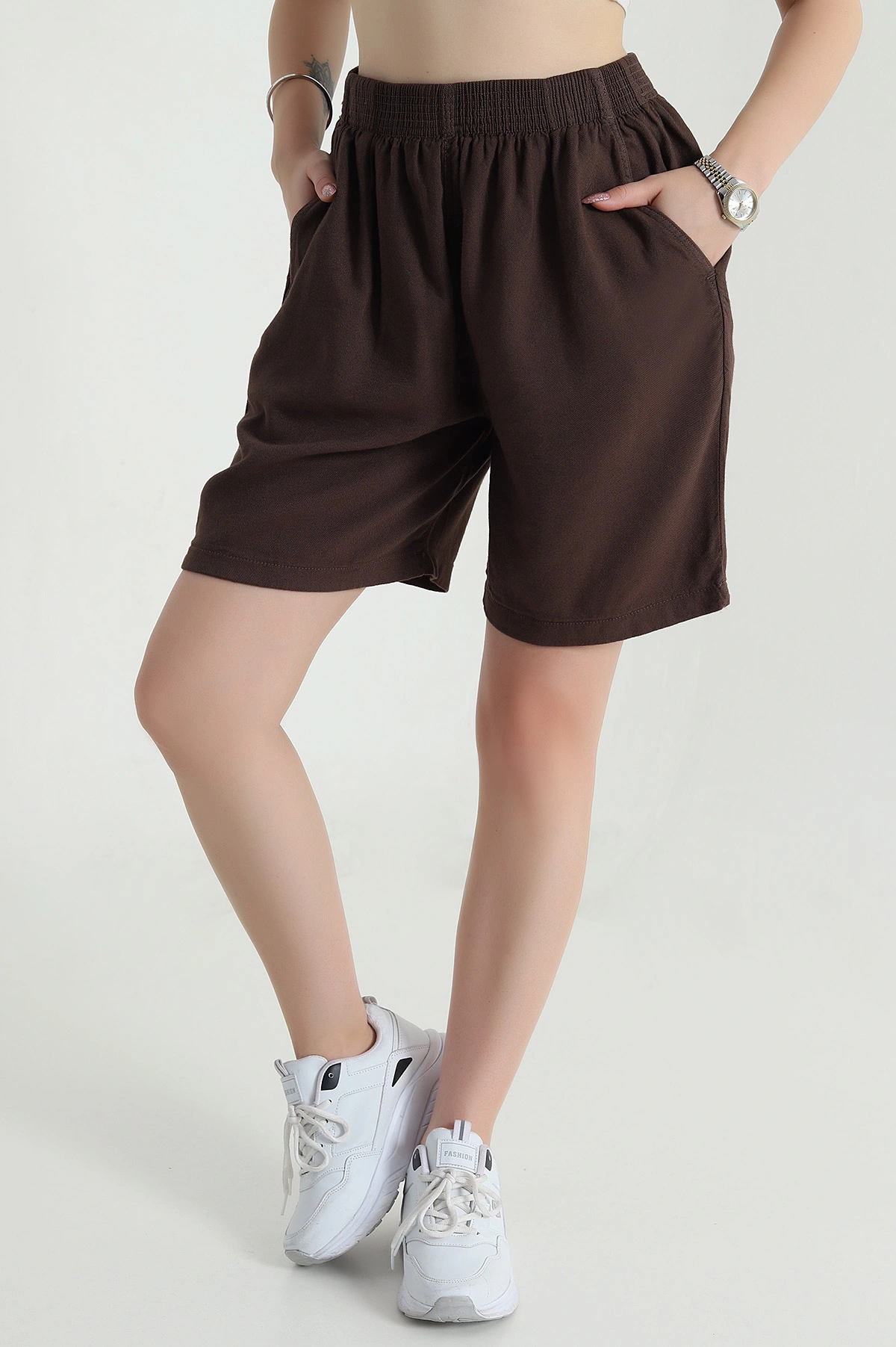Kahverengi Bel Lastikli Tencel Gabardin Kadın Şort 478752