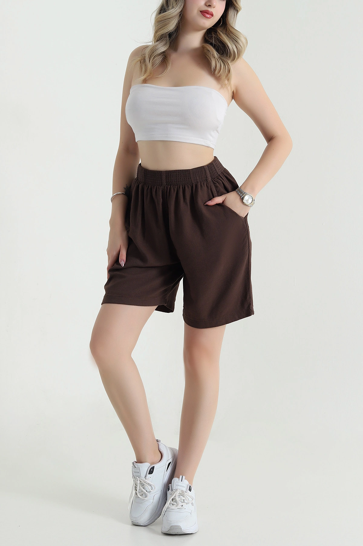 Kahverengi Bel Lastikli Tencel Gabardin Kadın Şort 478752