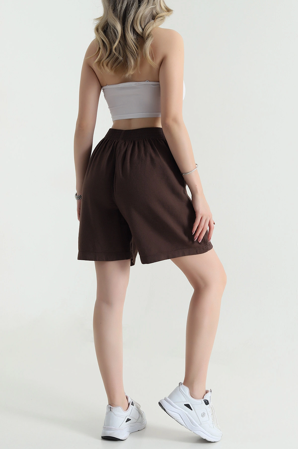 Kahverengi Bel Lastikli Tencel Gabardin Kadın Şort 478752