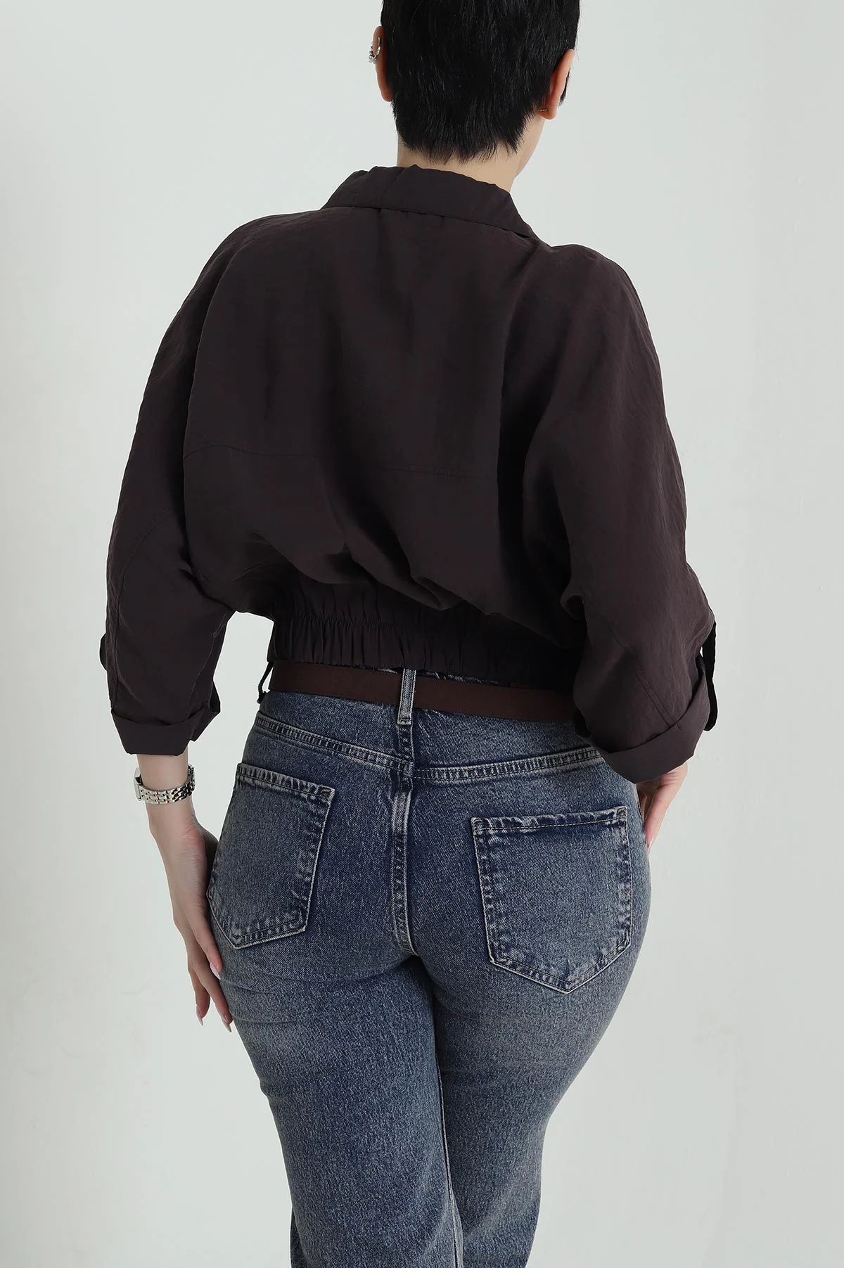 Kahverengi Bel Lastikli Tencel Kadın Gömlek 458827