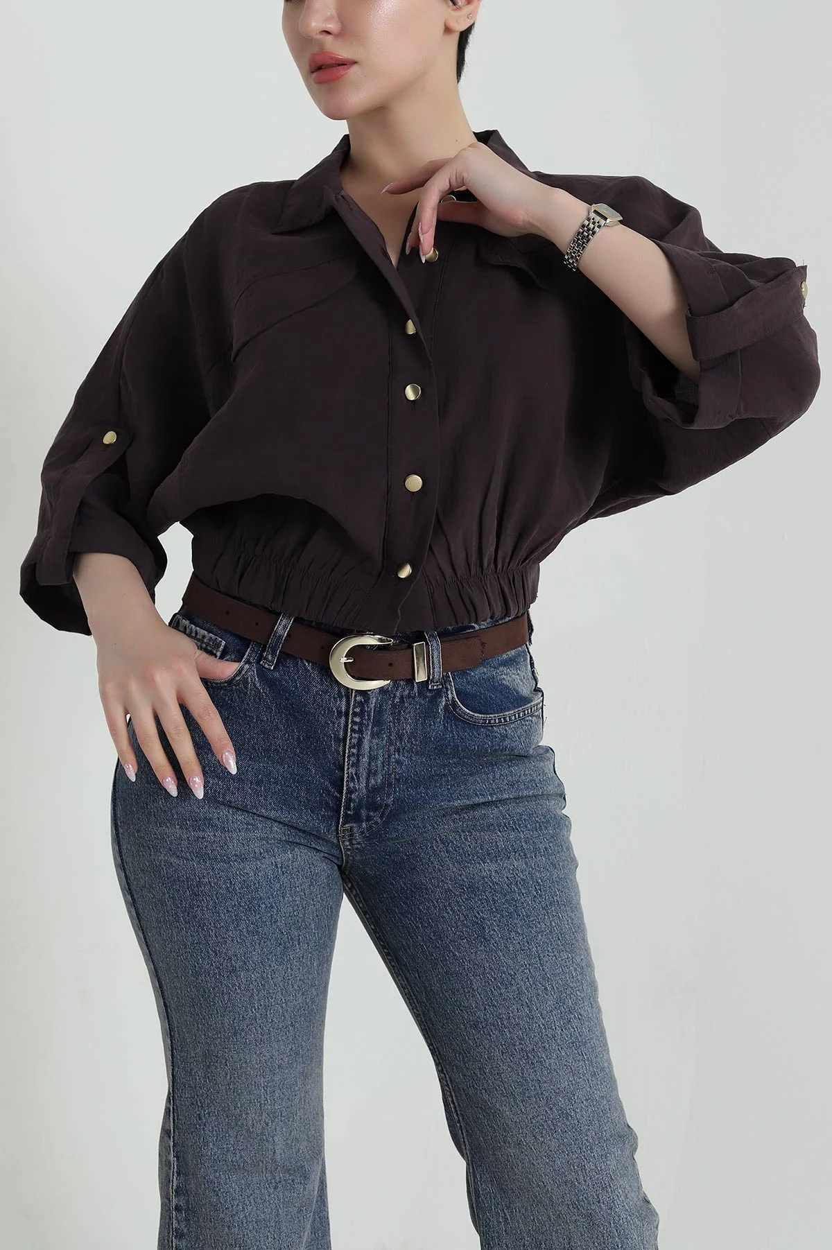 Kahverengi Bel Lastikli Tencel Kadın Gömlek 458827