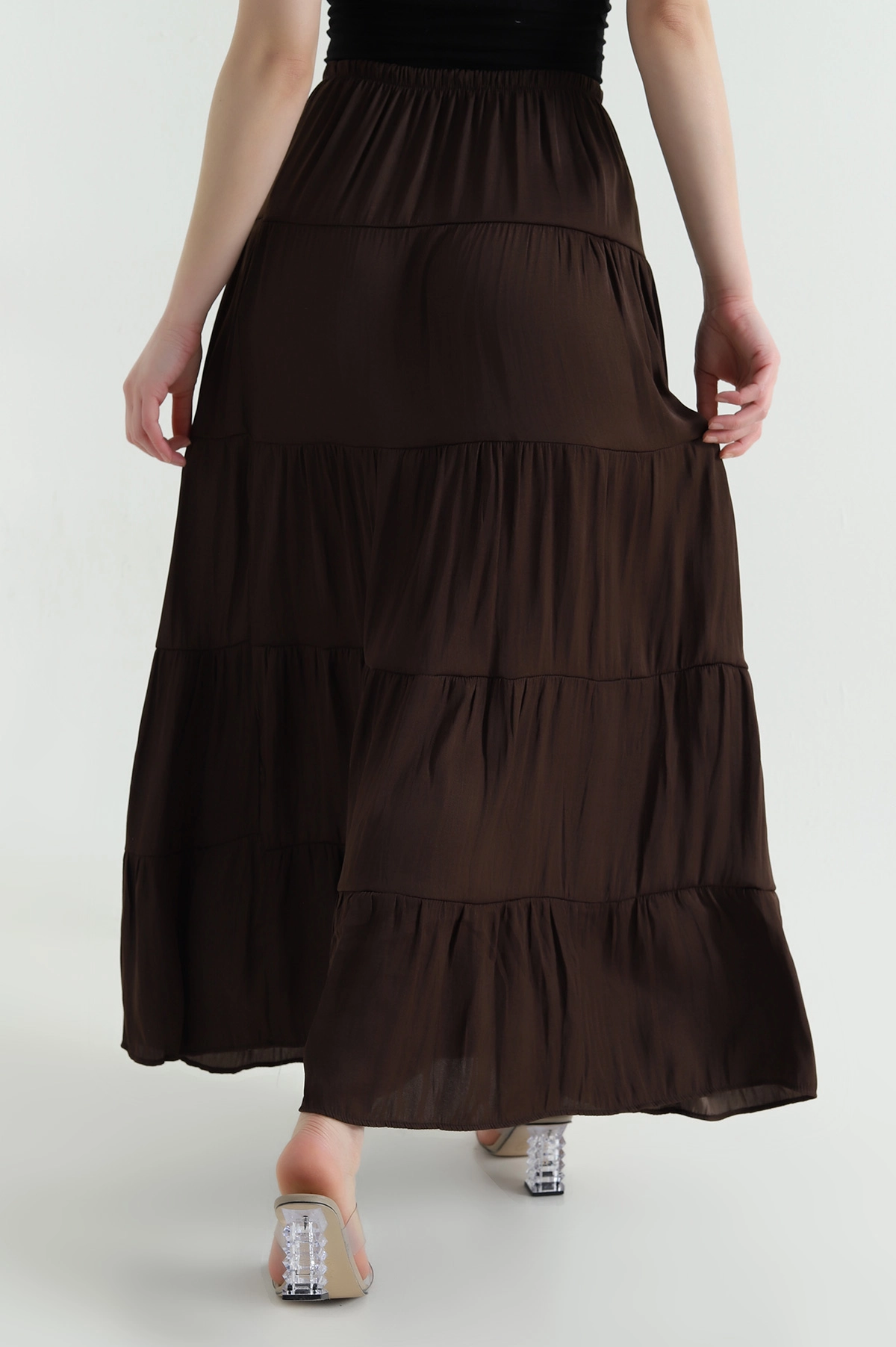 Kahverengi Bel Lastikli Tencel Viskoz Kadın Etek 442399
