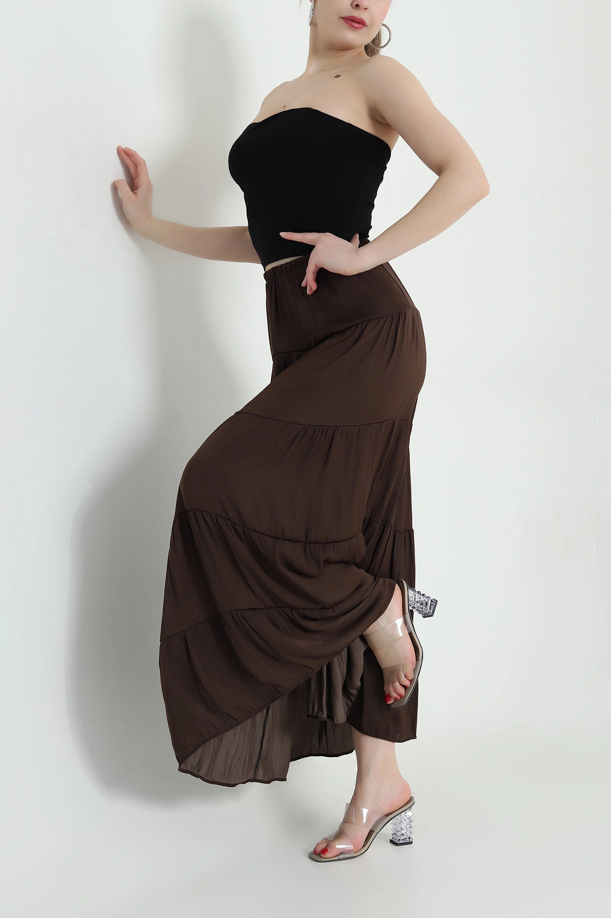 Kahverengi Bel Lastikli Tencel Viskoz Kadın Etek 442399