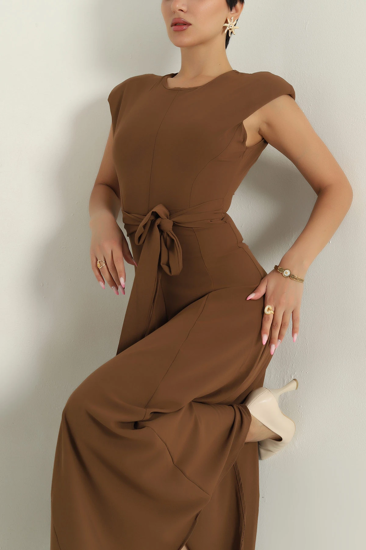 Kahverengi Beli Bağlamalı Crep Kadın Elbise 376388