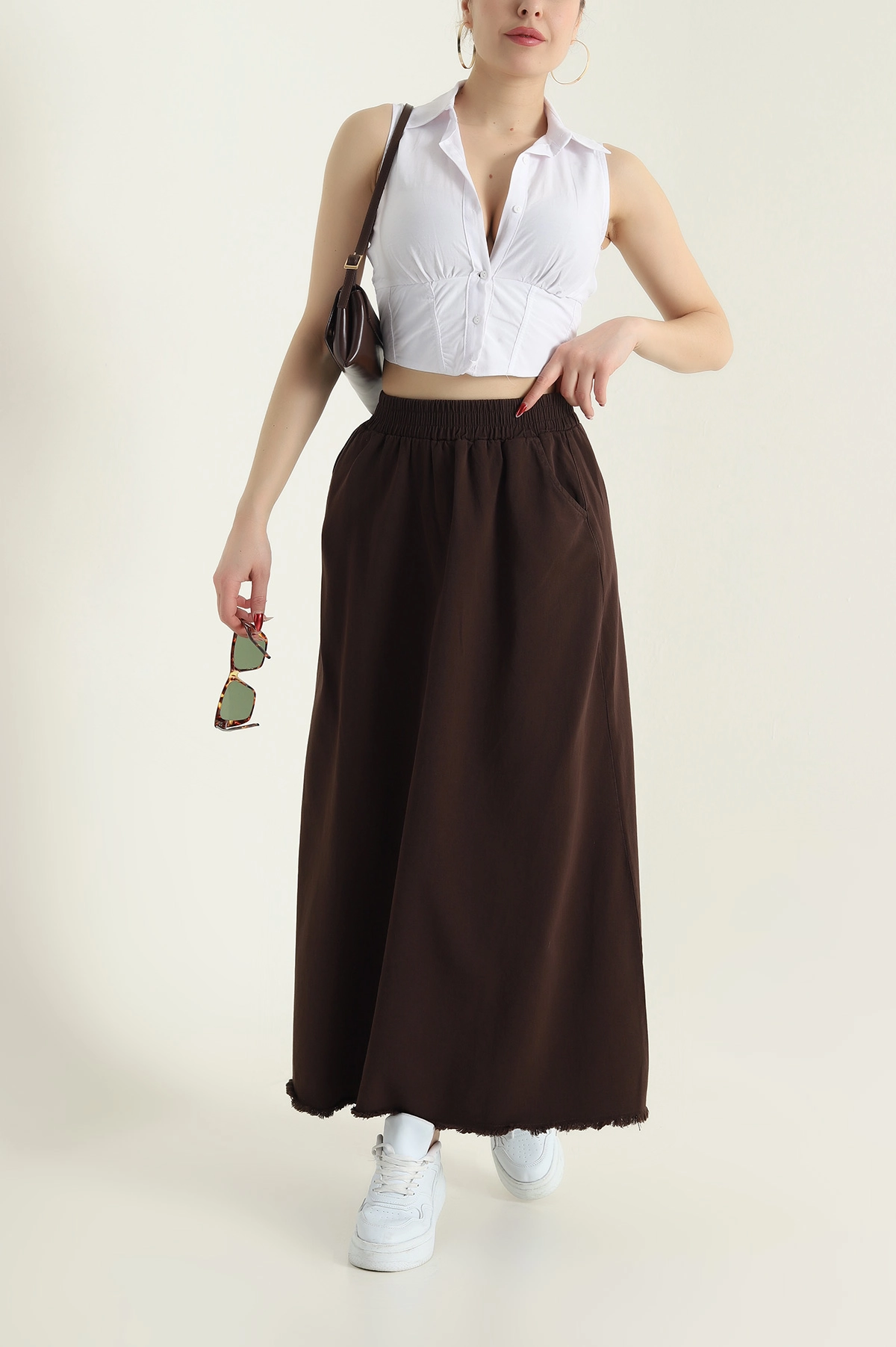 Kahverengi Beli Lastikli Gabardin Kadın Etek 428738