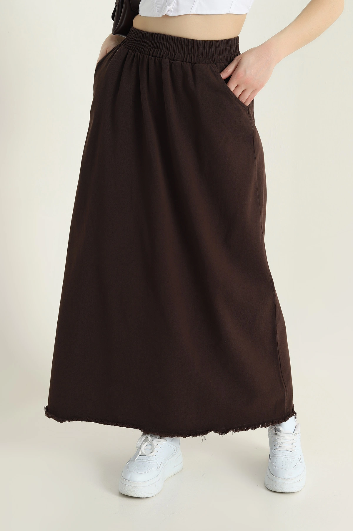 Kahverengi Beli Lastikli Gabardin Kadın Etek 428738