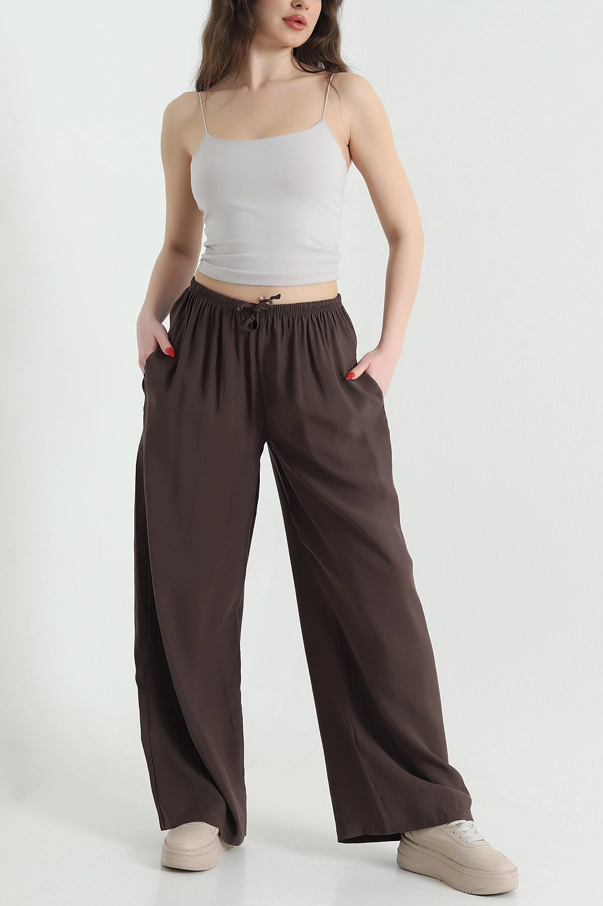 Kahverengi Beli Lastikli Kadın Tensel Pantolon 441588