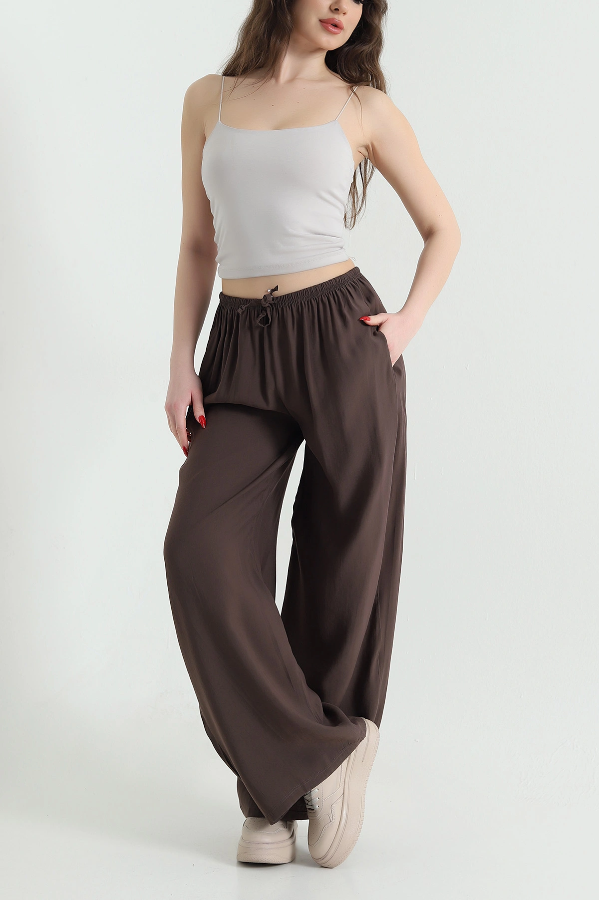Kahverengi Beli Lastikli Kadın Tensel Pantolon 441588