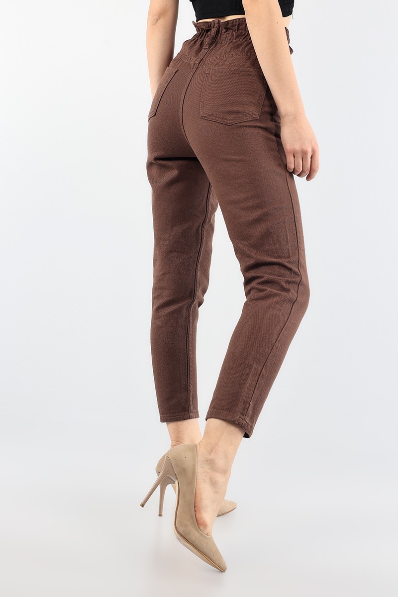 Kahverengi Beli Lastikli Mom Bayan Kot Pantolon 88604