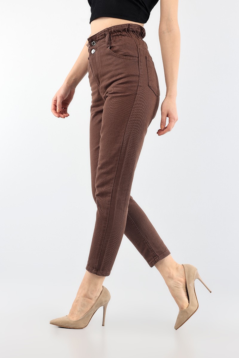 Kahverengi Beli Lastikli Mom Bayan Kot Pantolon 88604