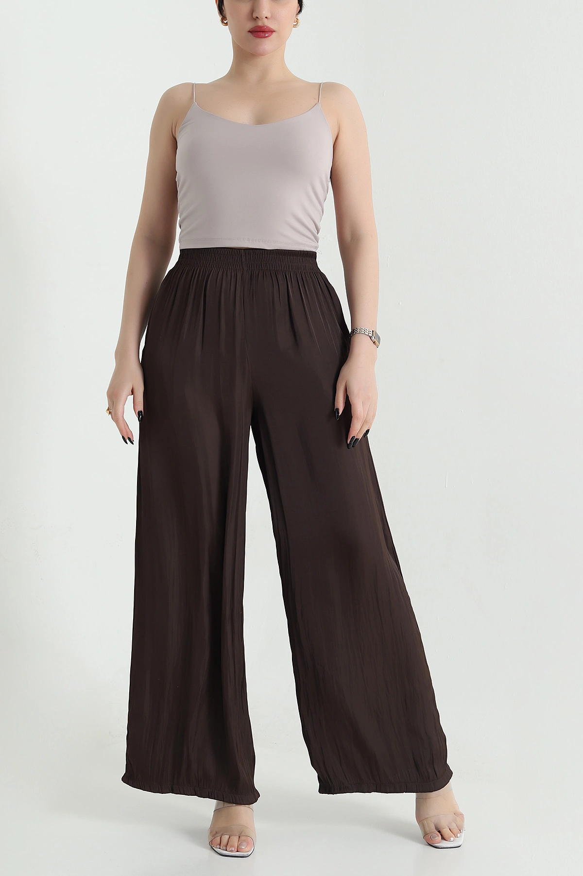 Kahverengi Beli Lastikli Saten Kadın Pantolon 451260