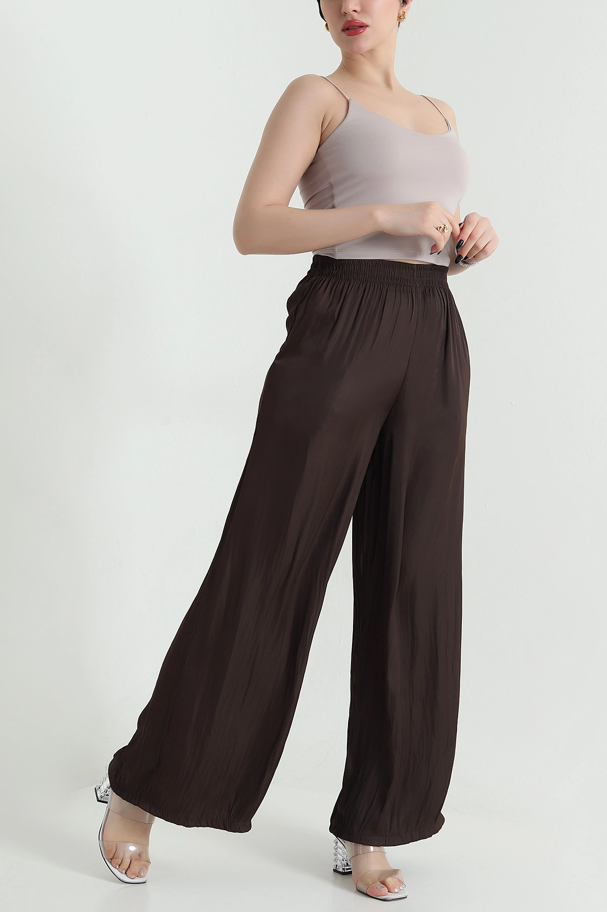 Kahverengi Beli Lastikli Saten Kadın Pantolon 451260