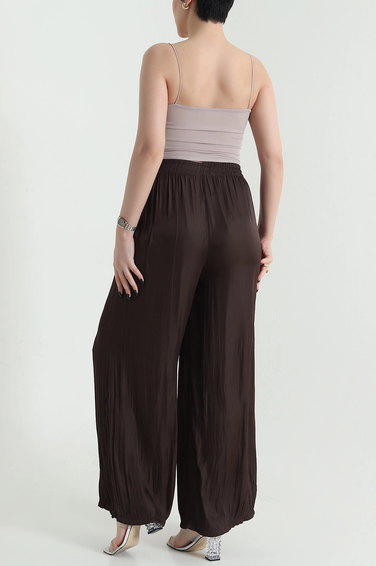 Kahverengi Beli Lastikli Saten Kadın Pantolon 451260