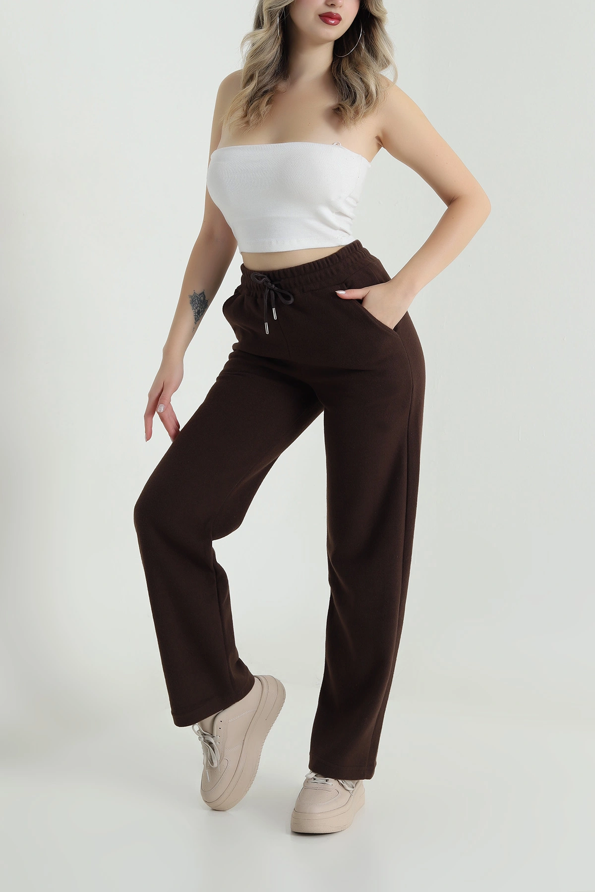 Kahverengi Beli Lastikli Selanik Triko Kadın Pantolon 491225