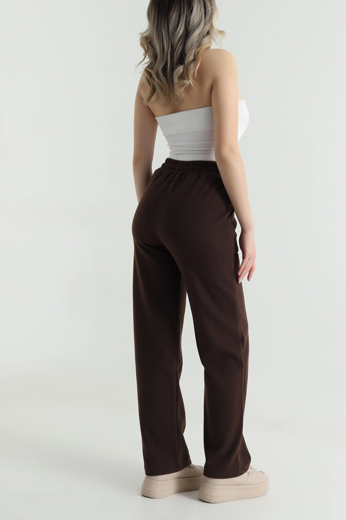 Kahverengi Beli Lastikli Selanik Triko Kadın Pantolon 491225
