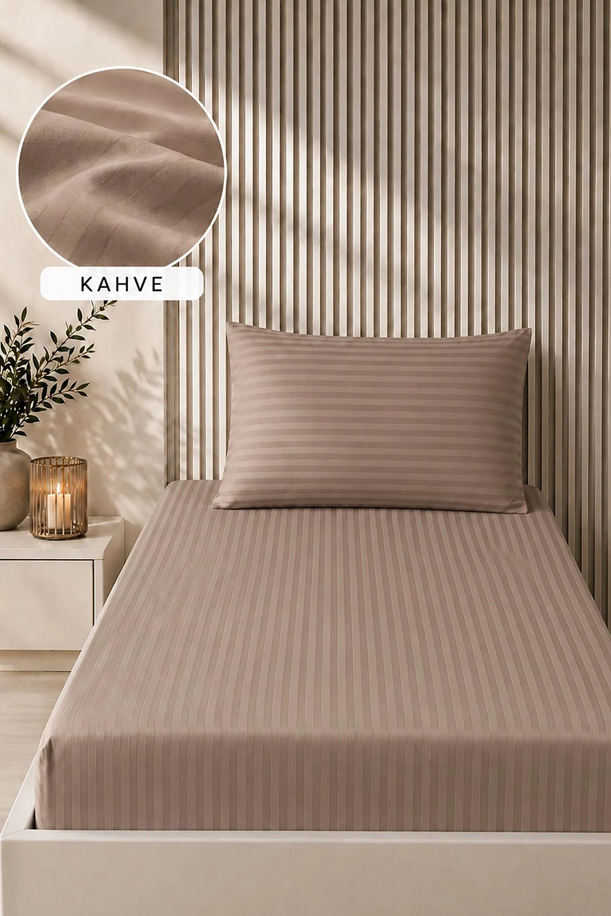 Sütlü Kahve Bella Home 100x200 Cm Tek Kişilik Çizgili Saten Çarşaf Seti 482998