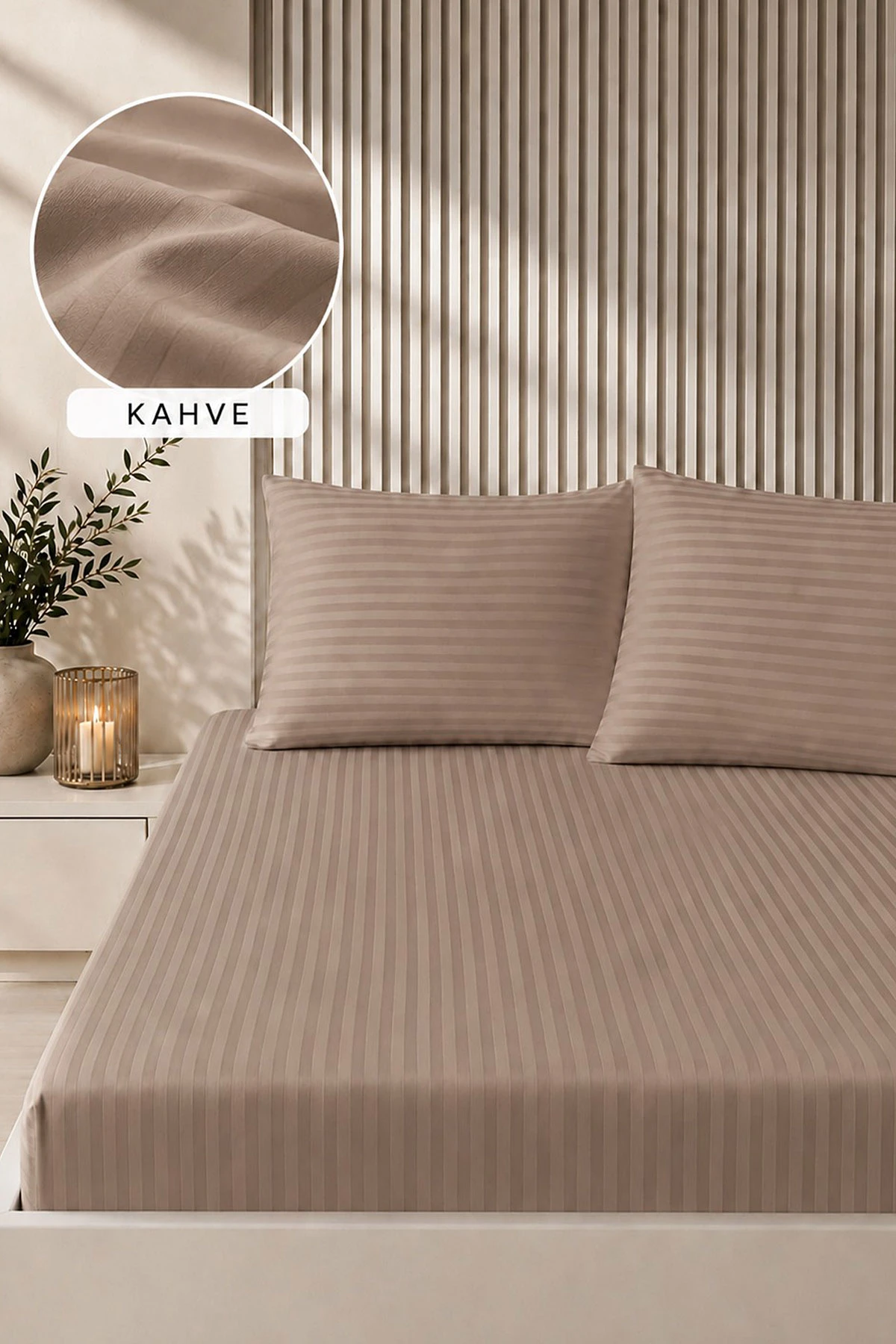 Sütlü Kahve Bella Home 160x200 Cm Çift Kişilik Çizgili Saten Çarşaf Seti 483029