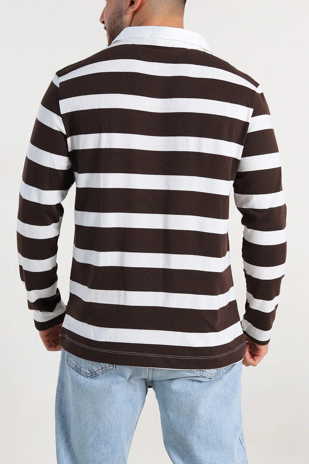 Kahverengi Beyaz Çizgili Relaxed Fit Polo Yaka Erkek İnce Sweatshirt 309098