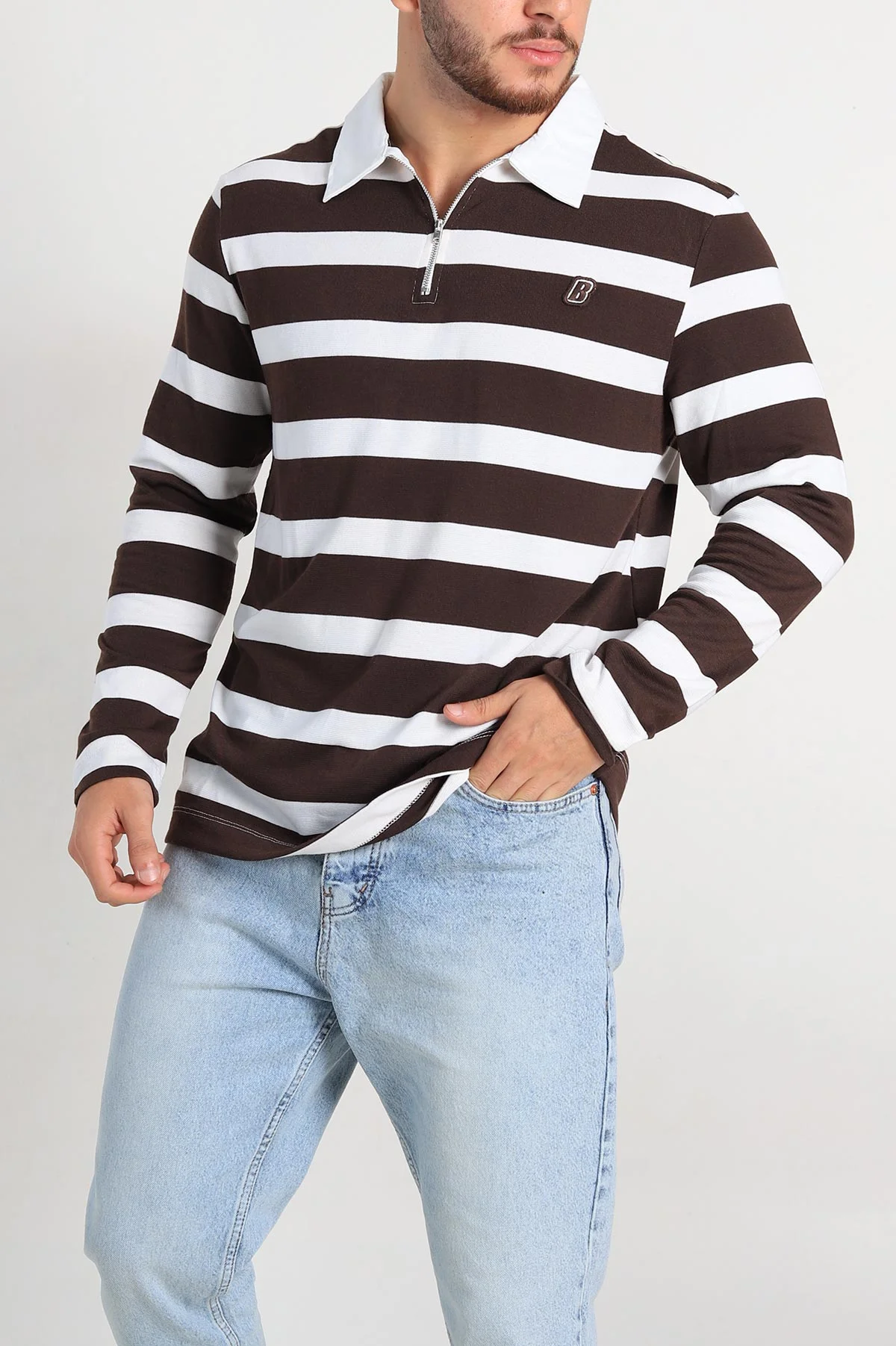 Kahverengi Beyaz Çizgili Relaxed Fit Polo Yaka Erkek İnce Sweatshirt 309098