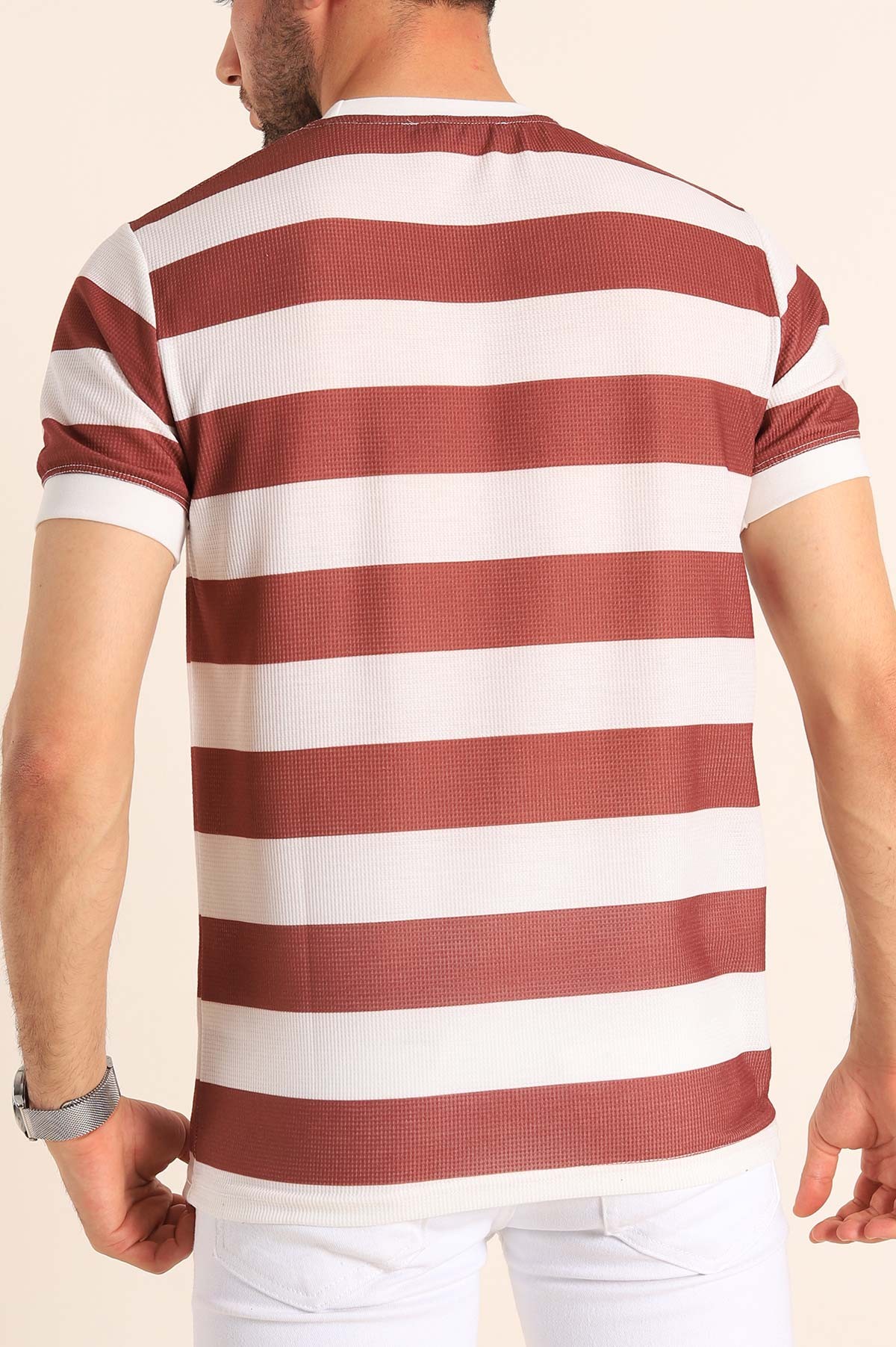 Kahverengi Beyaz Çizgili Slim Fit Dokulu Erkek Tişört 186865