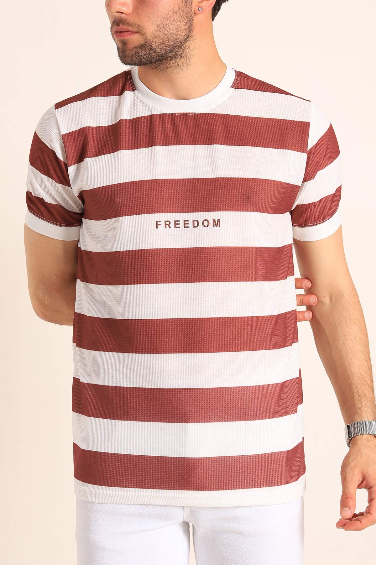 Kahverengi Beyaz Çizgili Slim Fit Dokulu Erkek Tişört 186865