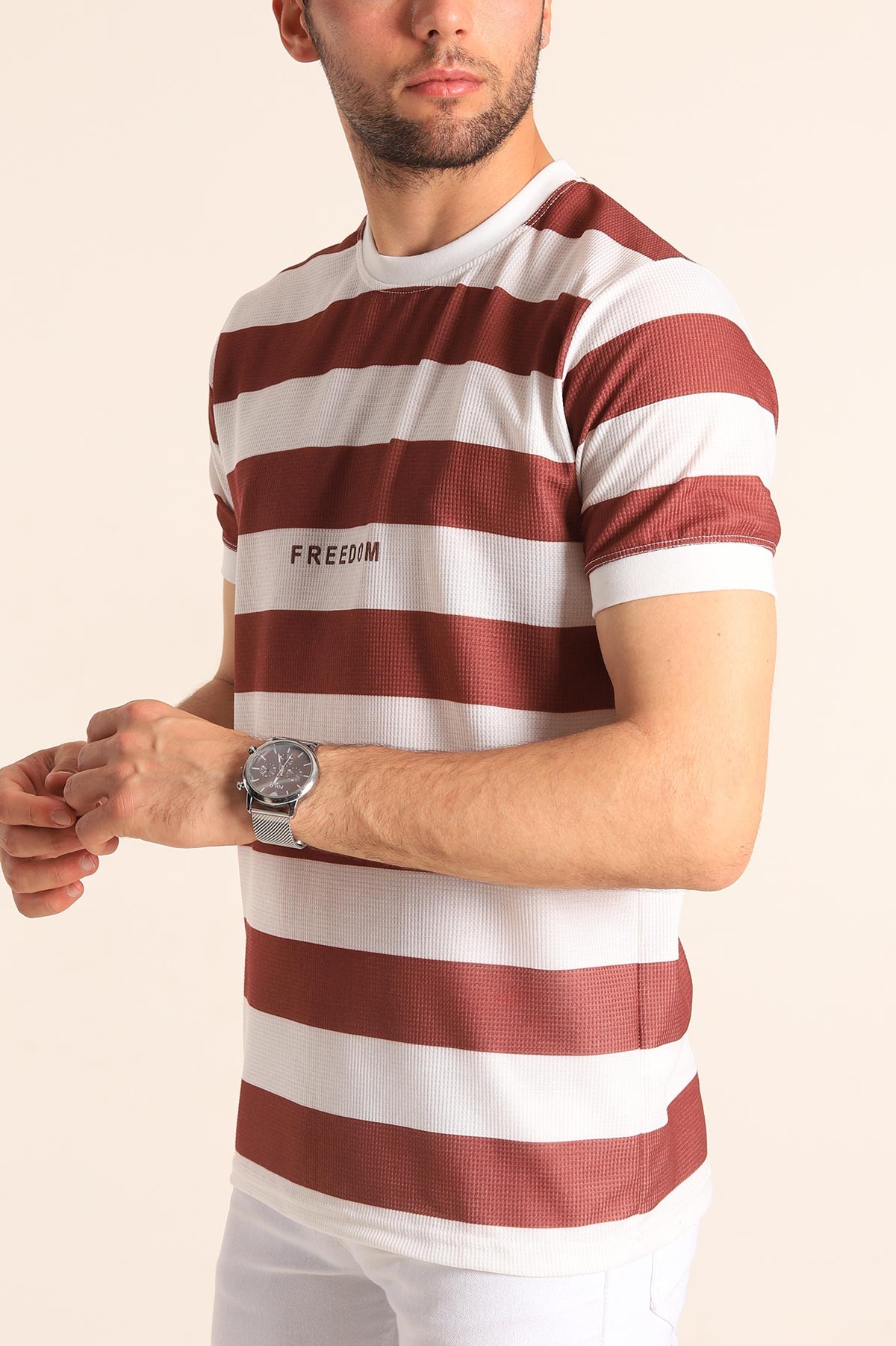 Kahverengi Beyaz Çizgili Slim Fit Dokulu Erkek Tişört 186865