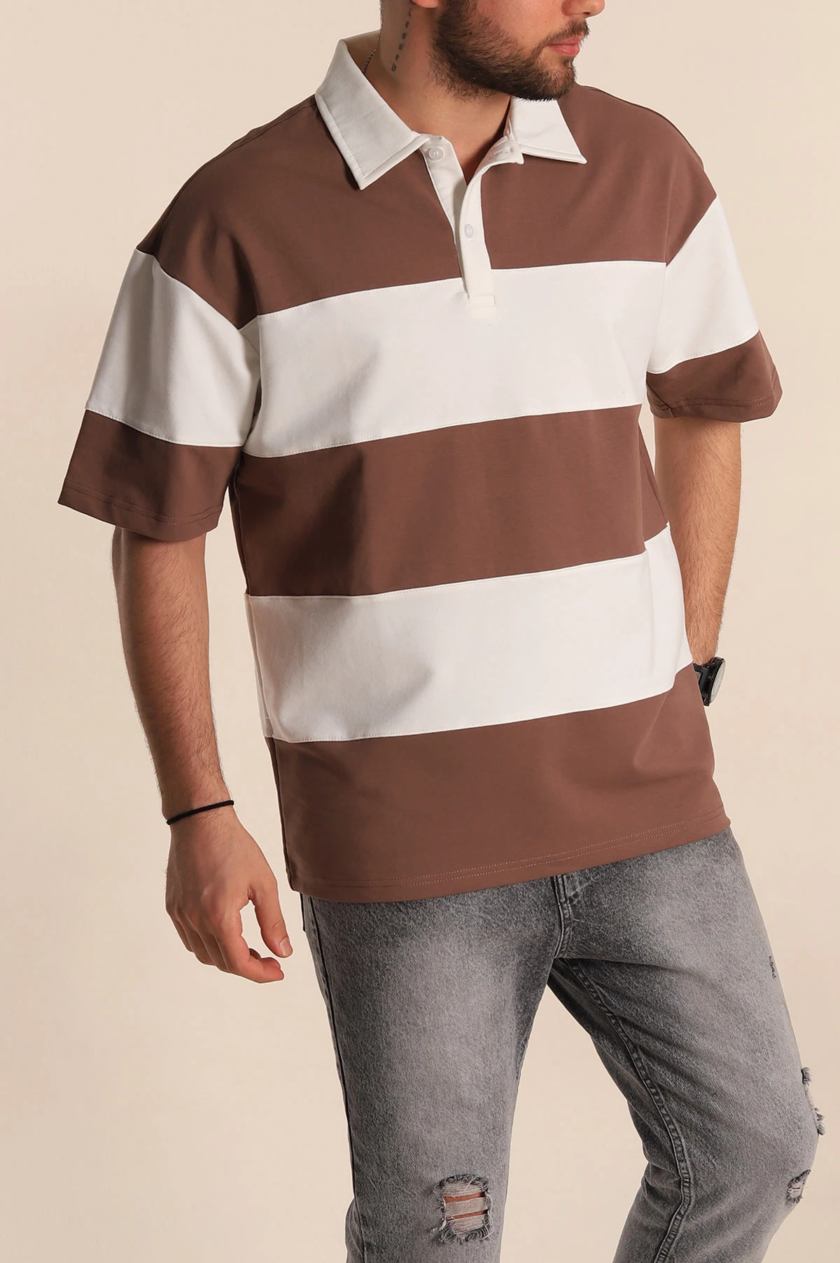 Kahverengi Beyaz Geniş Çizgili Oversize İki İp Polo Yaka Erkek Tişört 268914
