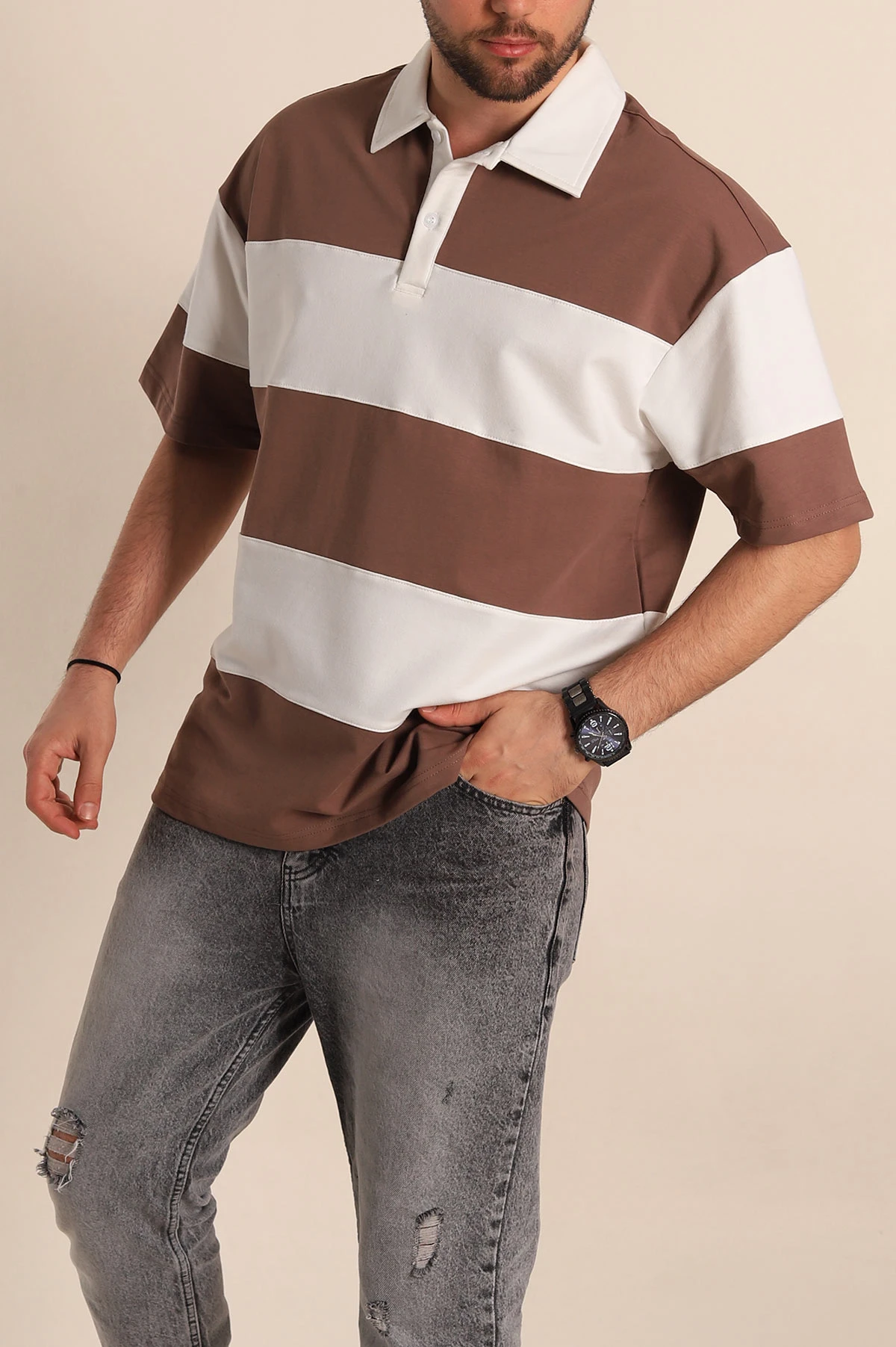 Kahverengi Beyaz Geniş Çizgili Oversize İki İp Polo Yaka Erkek Tişört 268914