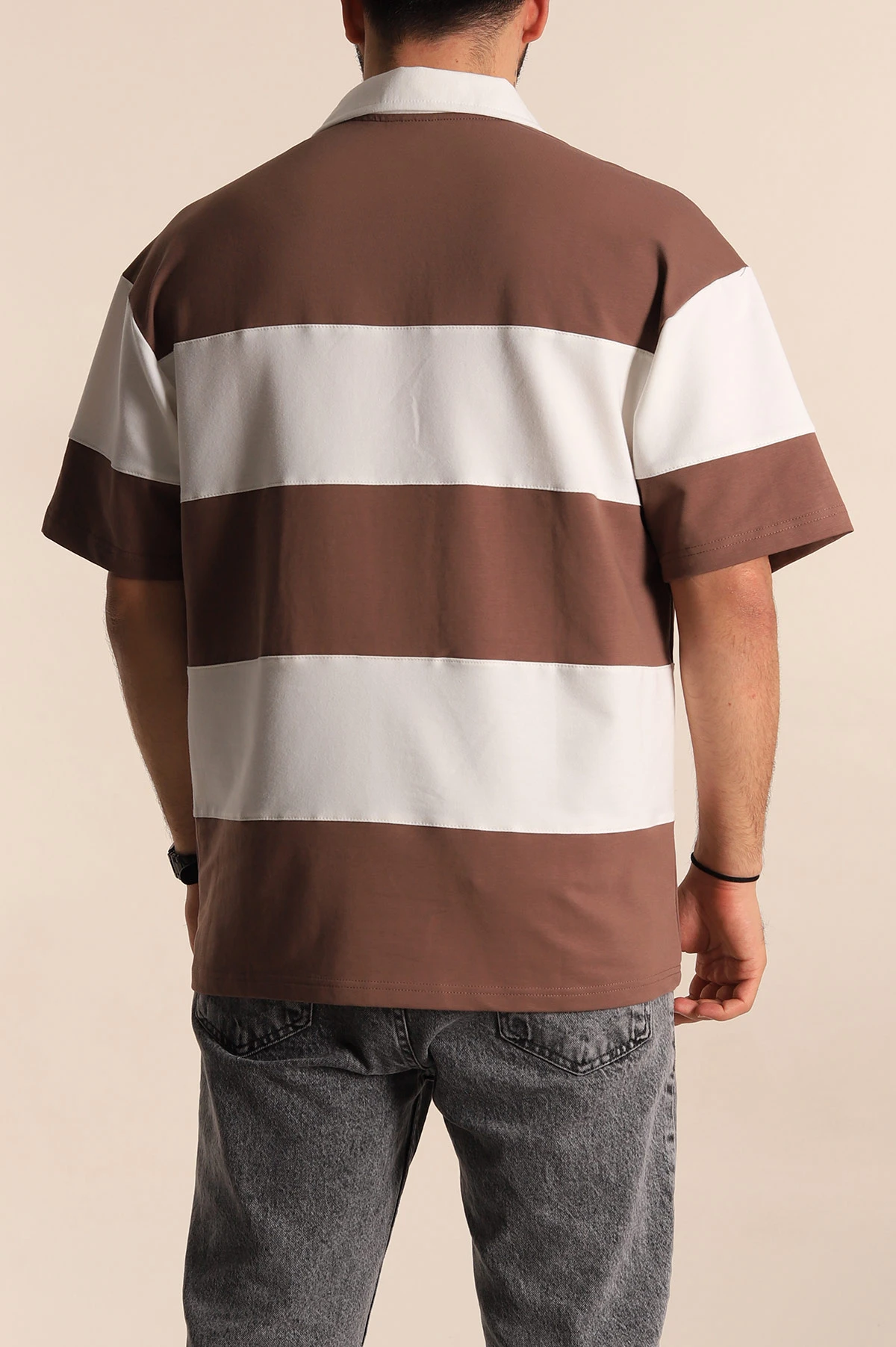 Kahverengi Beyaz Geniş Çizgili Oversize İki İp Polo Yaka Erkek Tişört 268914