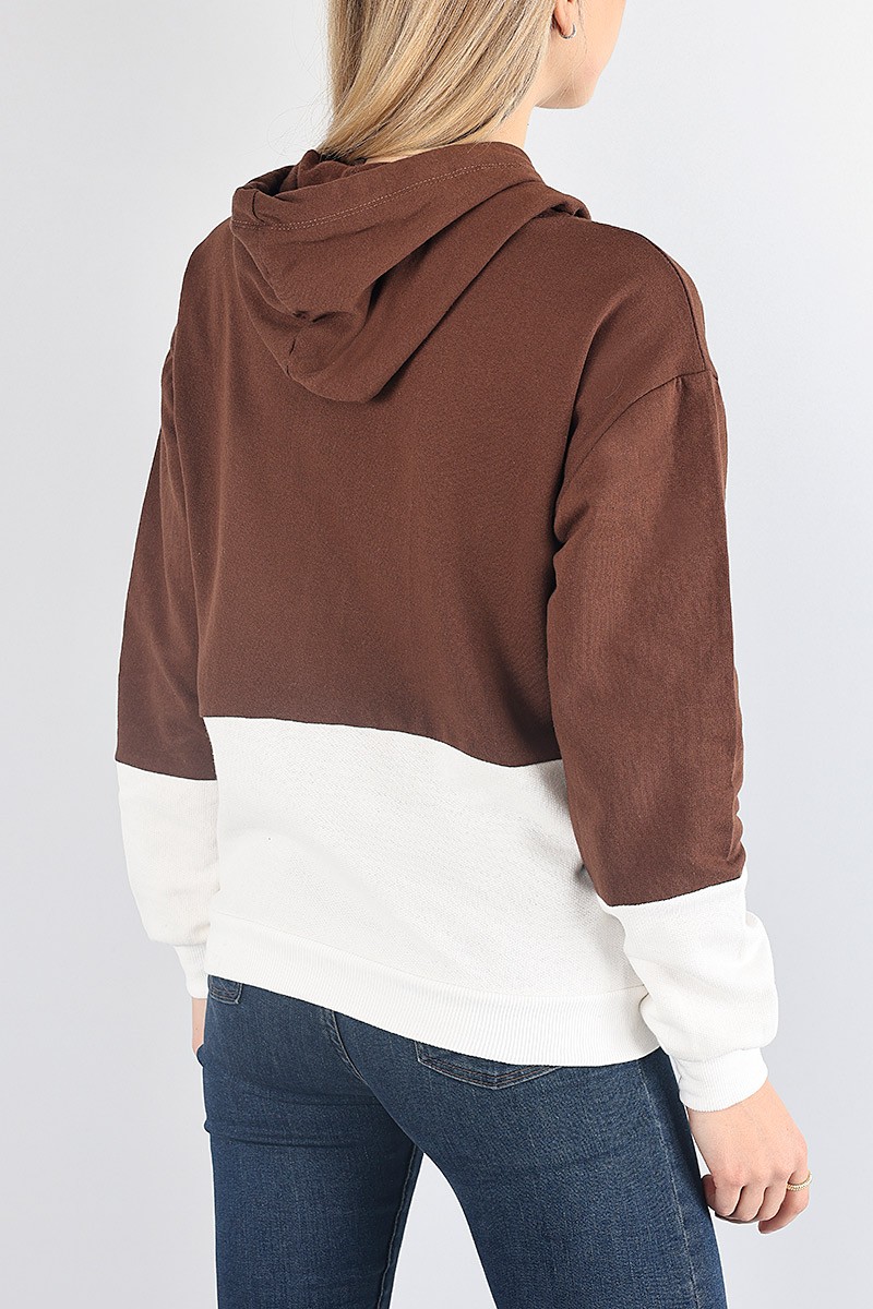 Kahverengi Beyaz Kapüşonlu İçi Şardonlu Sweat 87761