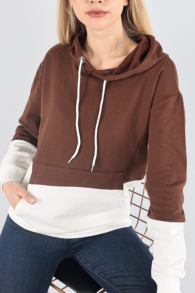 Kahverengi Beyaz Kapüşonlu İçi Şardonlu Sweat 87761