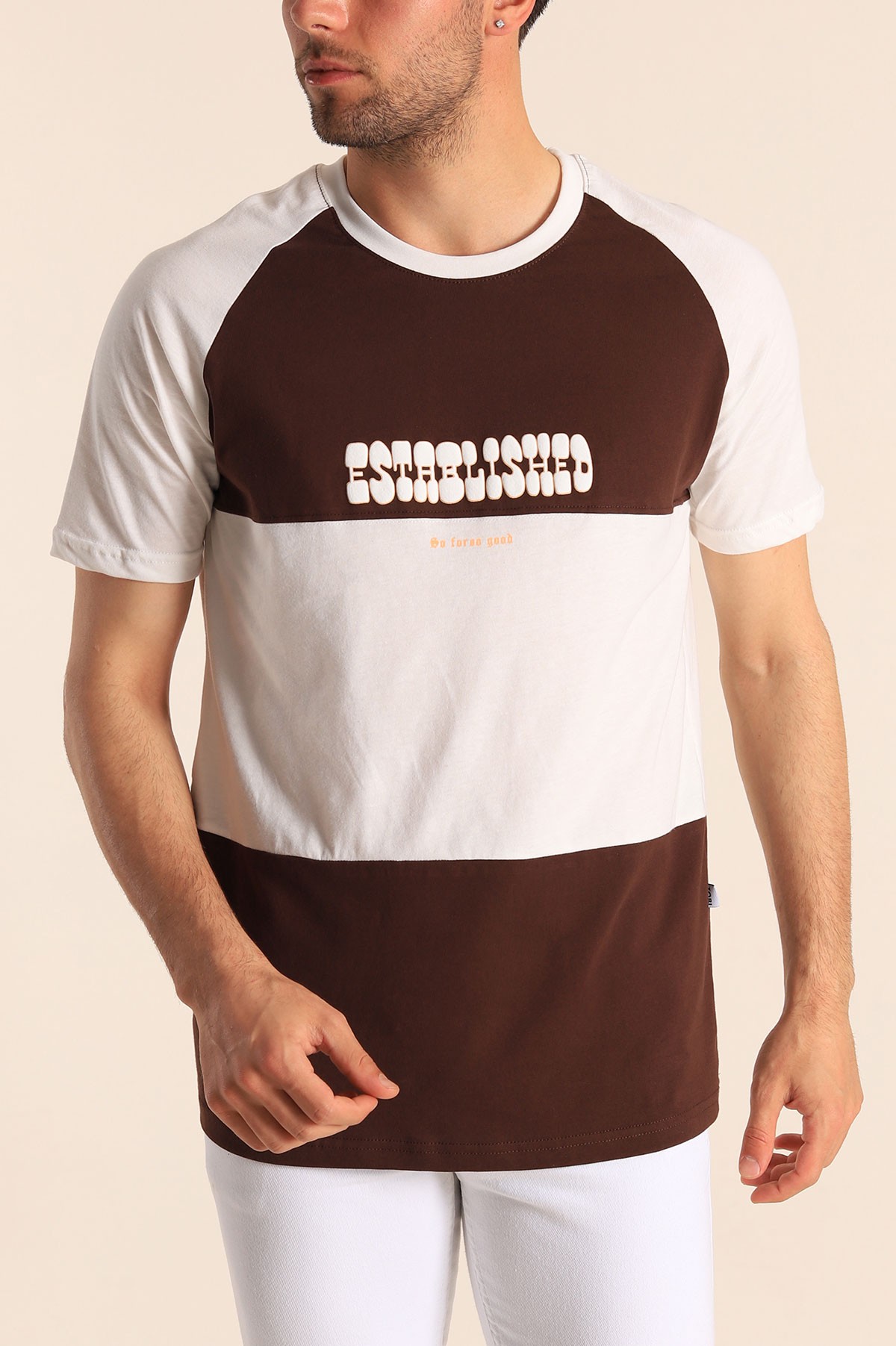 Kahverengi Beyaz Oversize Reglan Kol Yazı Detay Erkek Tişört 182283