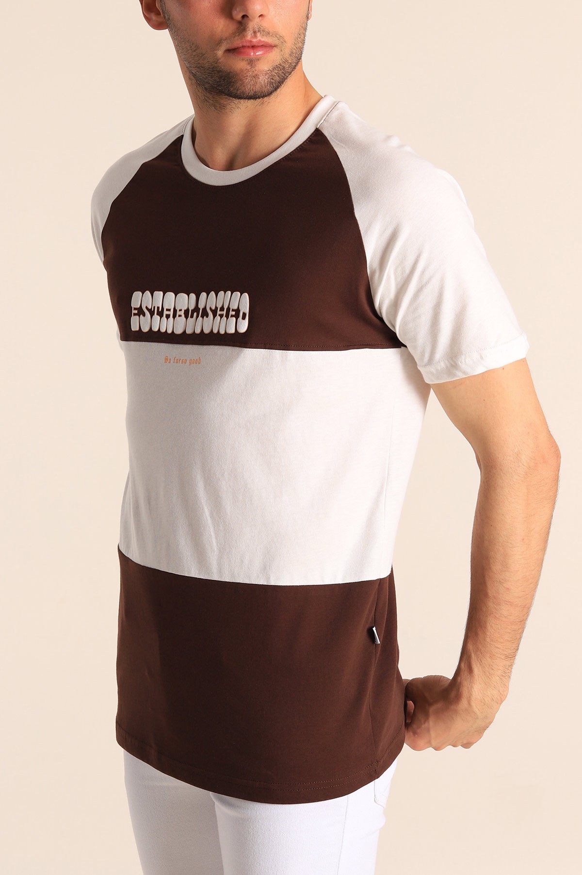 Kahverengi Beyaz Oversize Reglan Kol Yazı Detay Erkek Tişört 182283