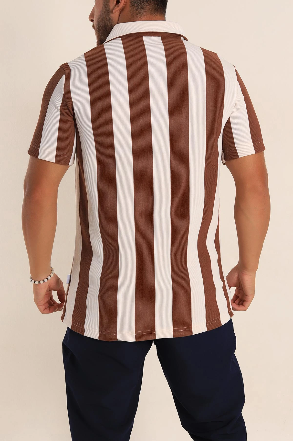 Kahverengi Beyaz Regular Fit Çizgili Polo Yaka Erkek Tişört 268622