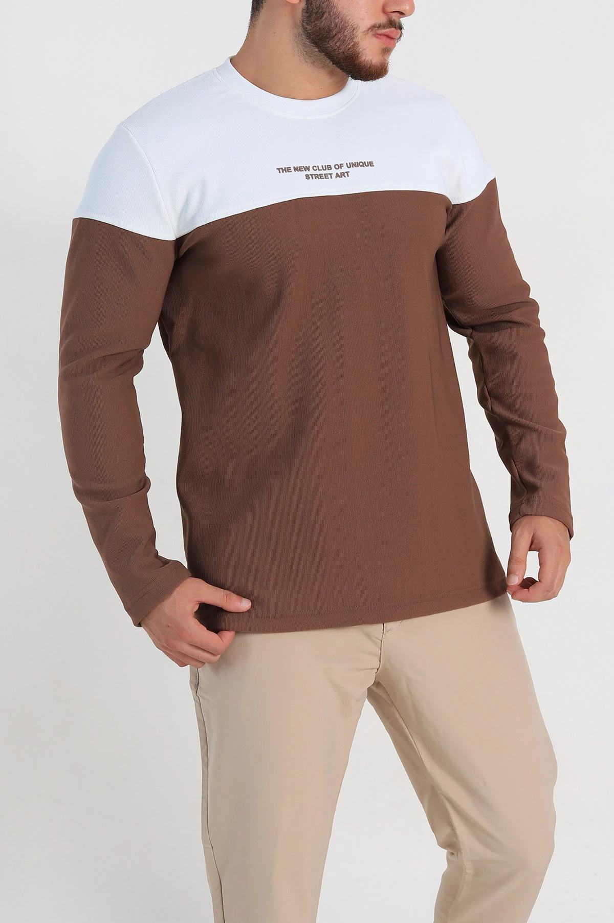 Kahverengi Beyaz Regular Fit Kabartma Baskılı Erkek Sweatshirt 305867