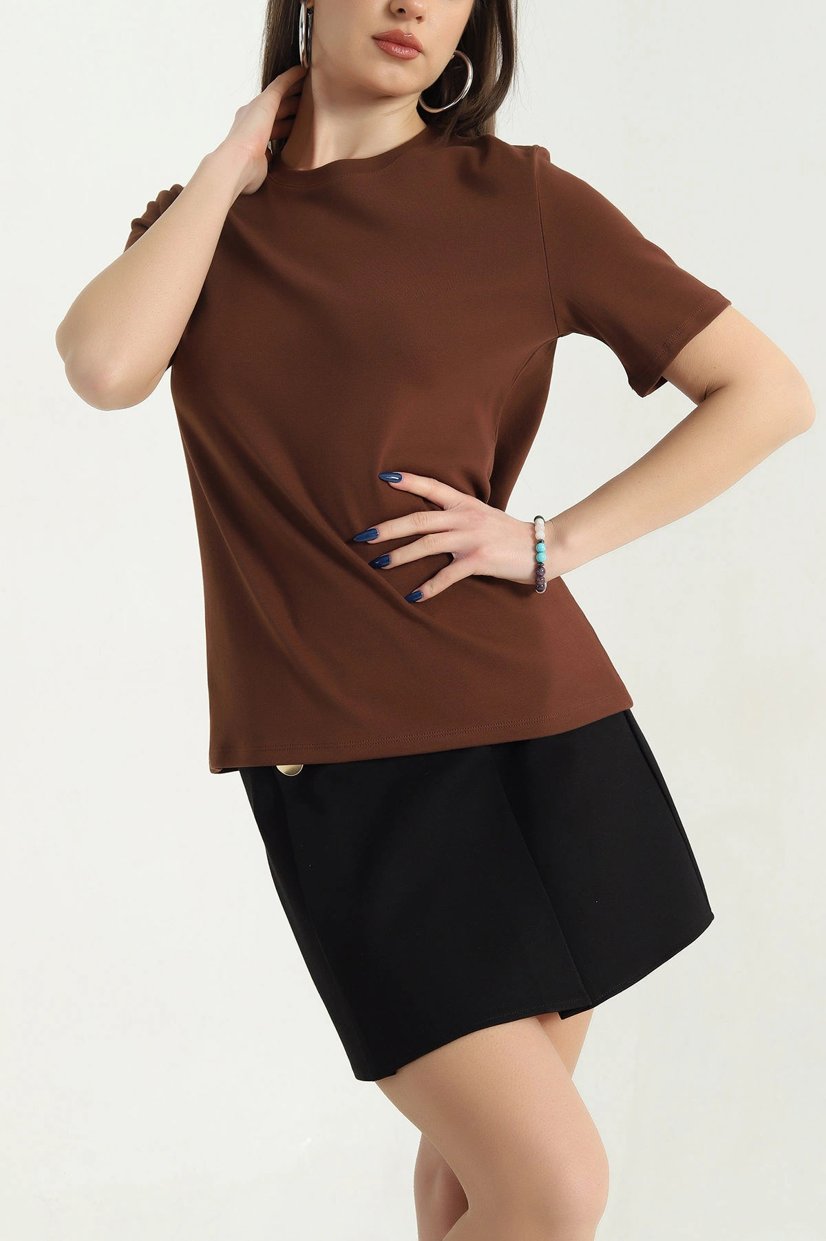 Kahverengi Bisiklet Yaka Basic Tişört 338136