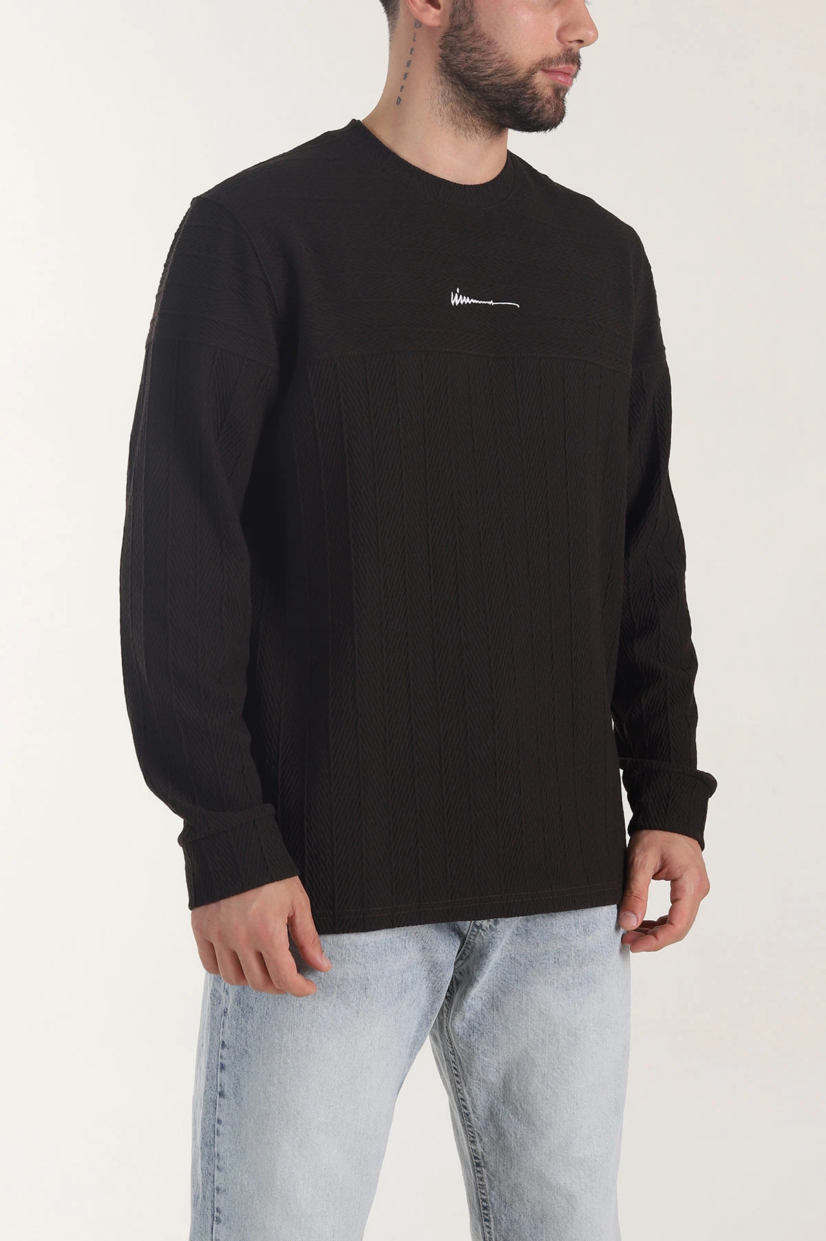 Kahverengi Bisiklet Yaka Dokulu Nakış Detaylı Erkek Sweatshirt 406947