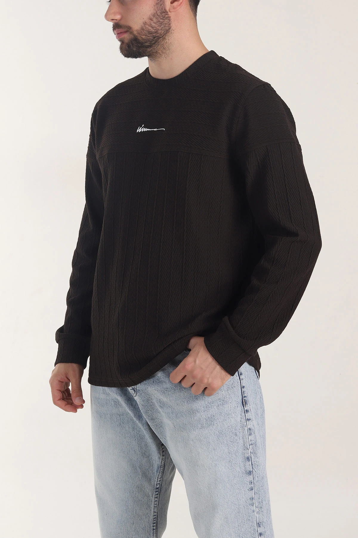 Kahverengi Bisiklet Yaka Dokulu Nakış Detaylı Erkek Sweatshirt 406947