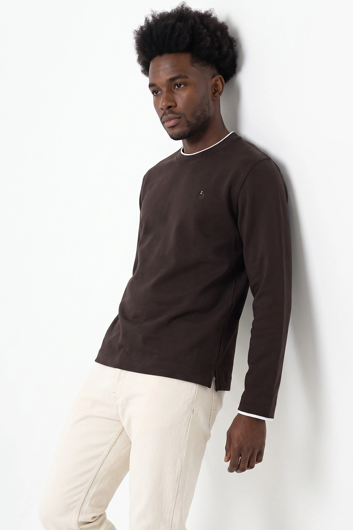 Kahverengi Bisiklet Yaka Nakış Detay Erkek Sweatshirt 492009