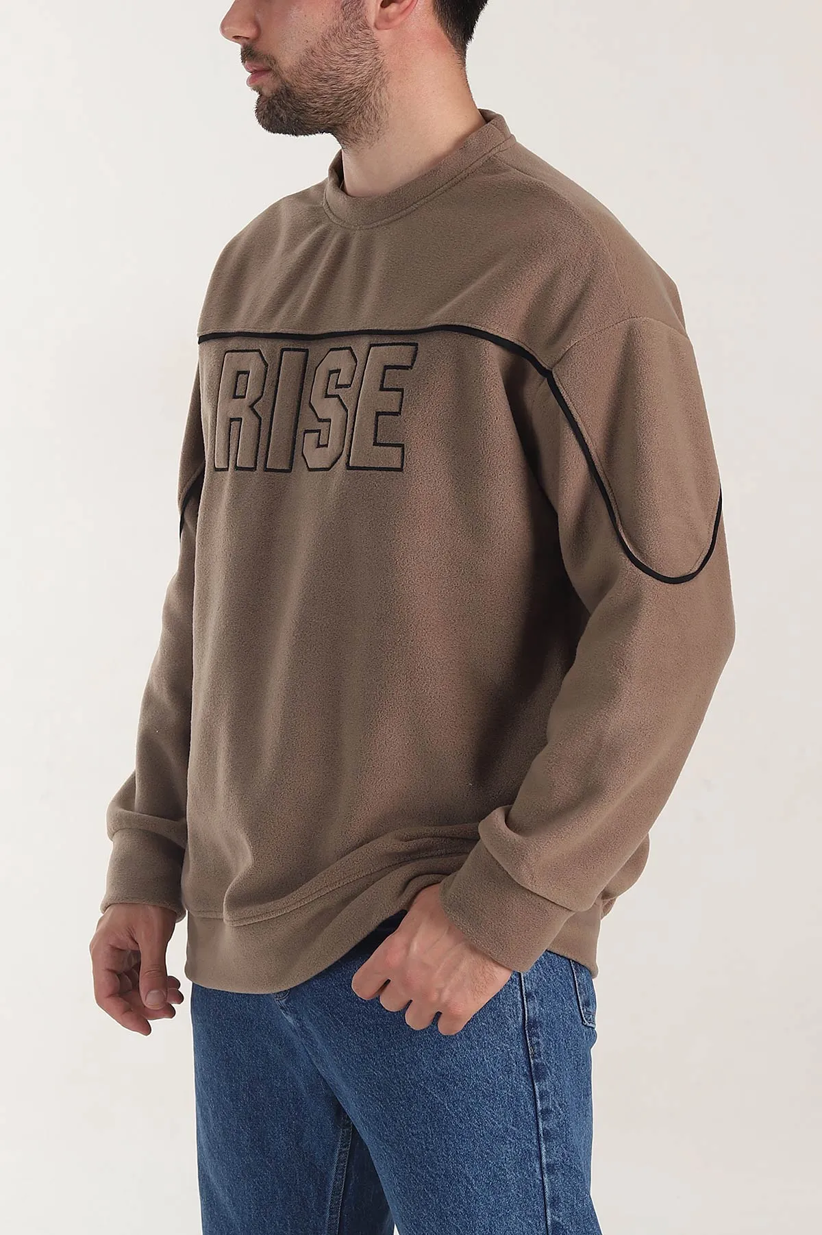 Kahverengi Bisiklet Yaka Polar Kumaş Yazı Detaylı Erkek Sweatshirt 404255