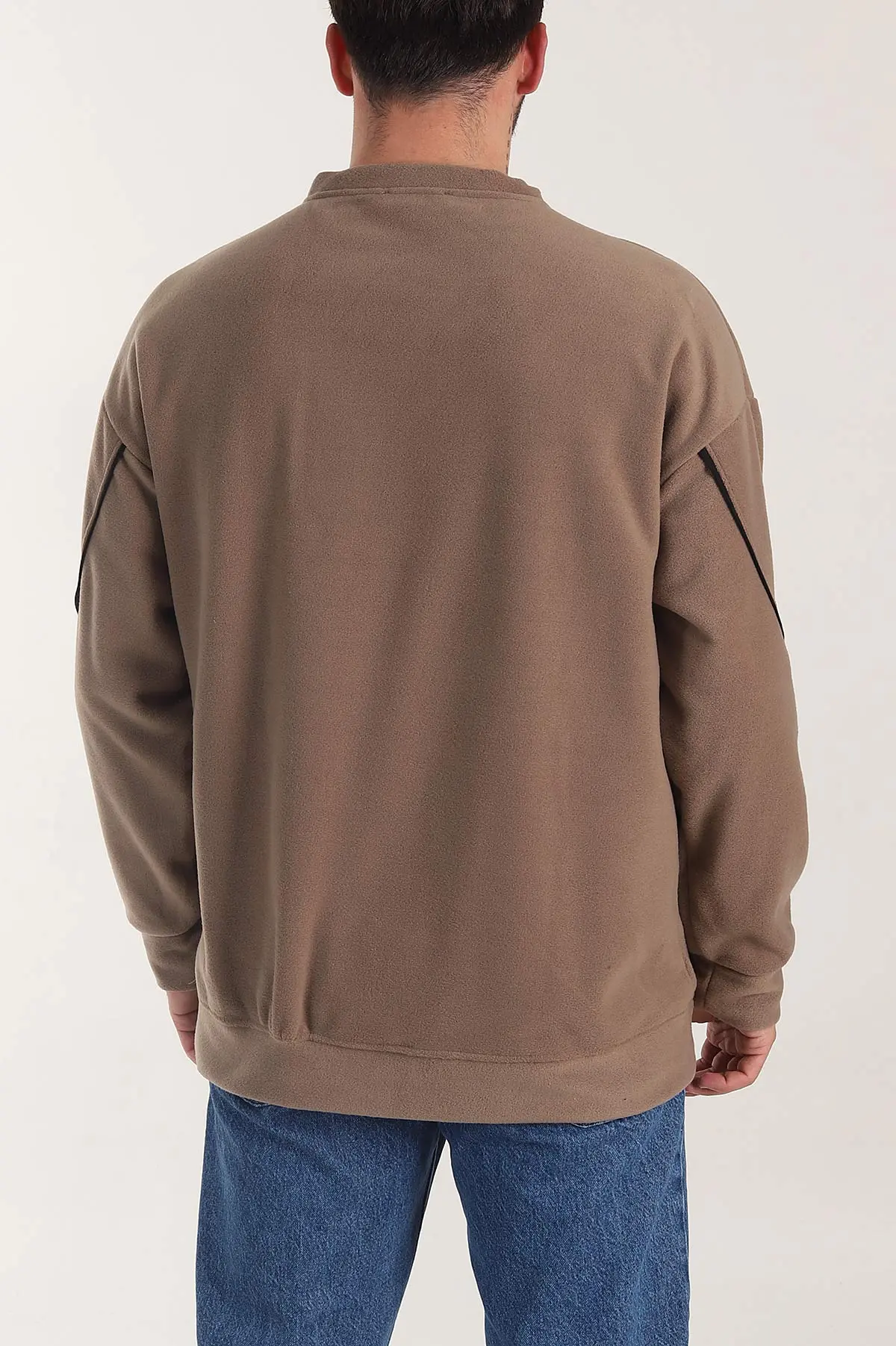 Kahverengi Bisiklet Yaka Polar Kumaş Yazı Detaylı Erkek Sweatshirt 404255