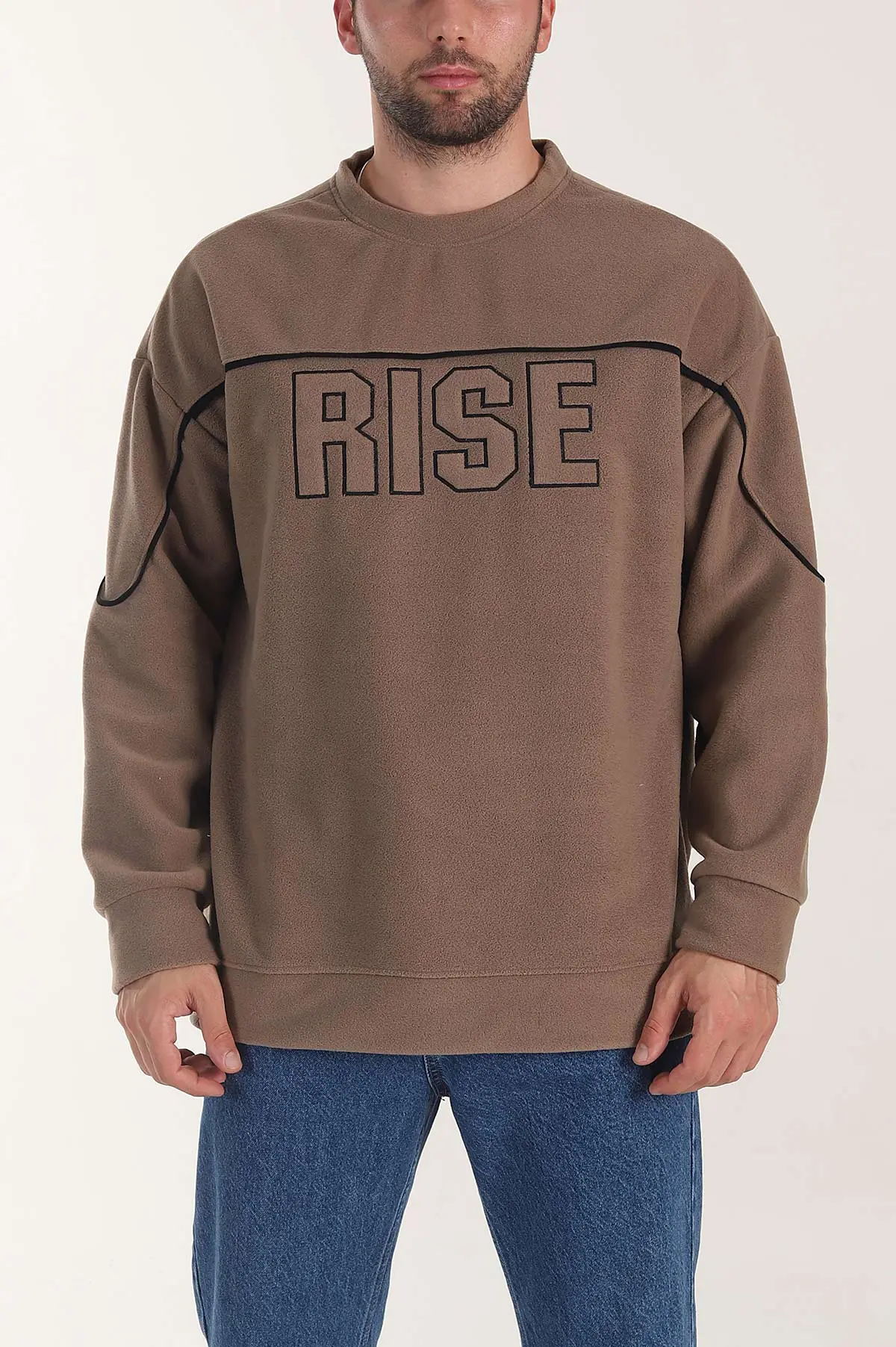 Kahverengi Bisiklet Yaka Polar Kumaş Yazı Detaylı Erkek Sweatshirt 404255
