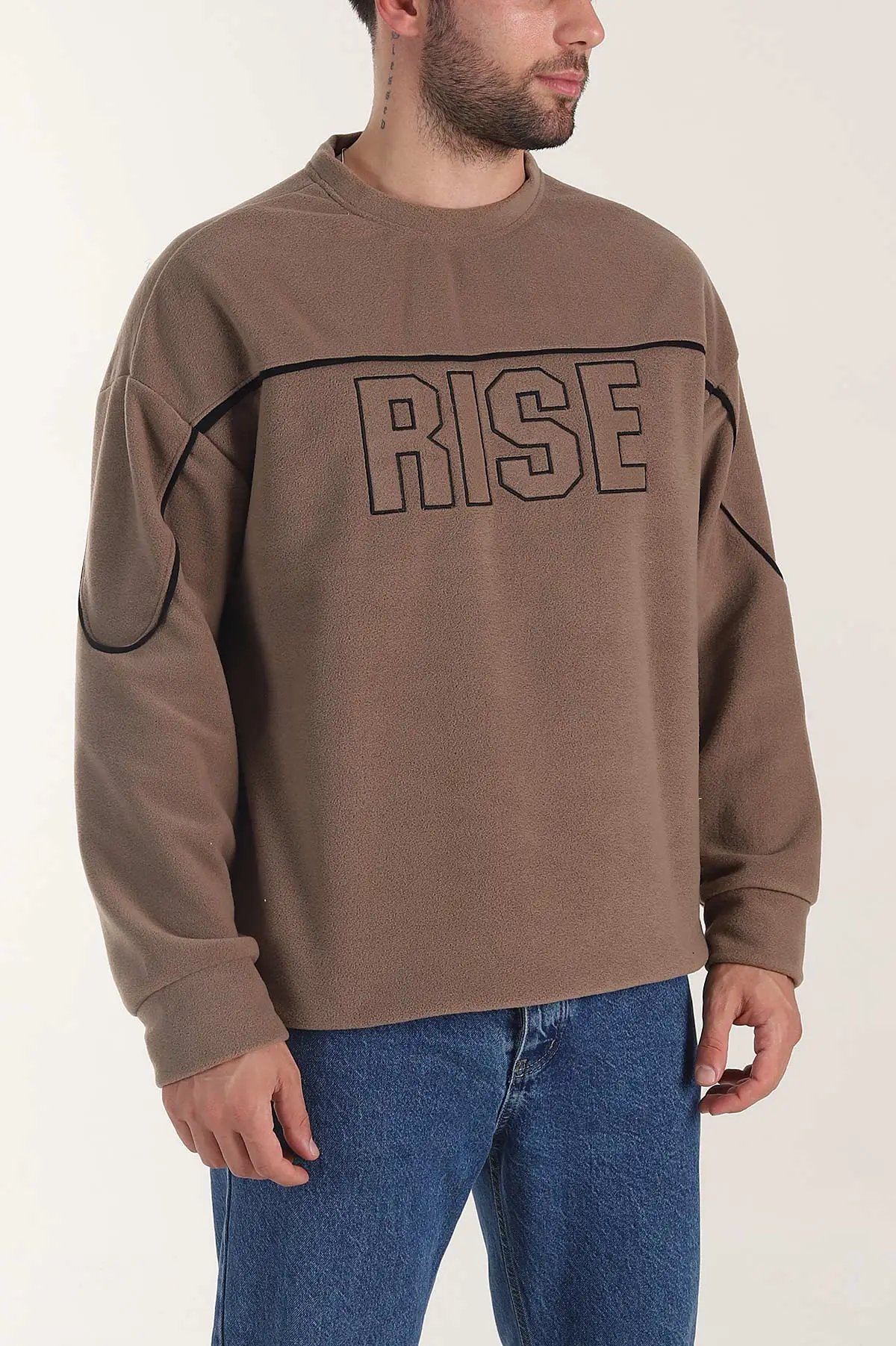 Kahverengi Bisiklet Yaka Polar Kumaş Yazı Detaylı Erkek Sweatshirt 404255