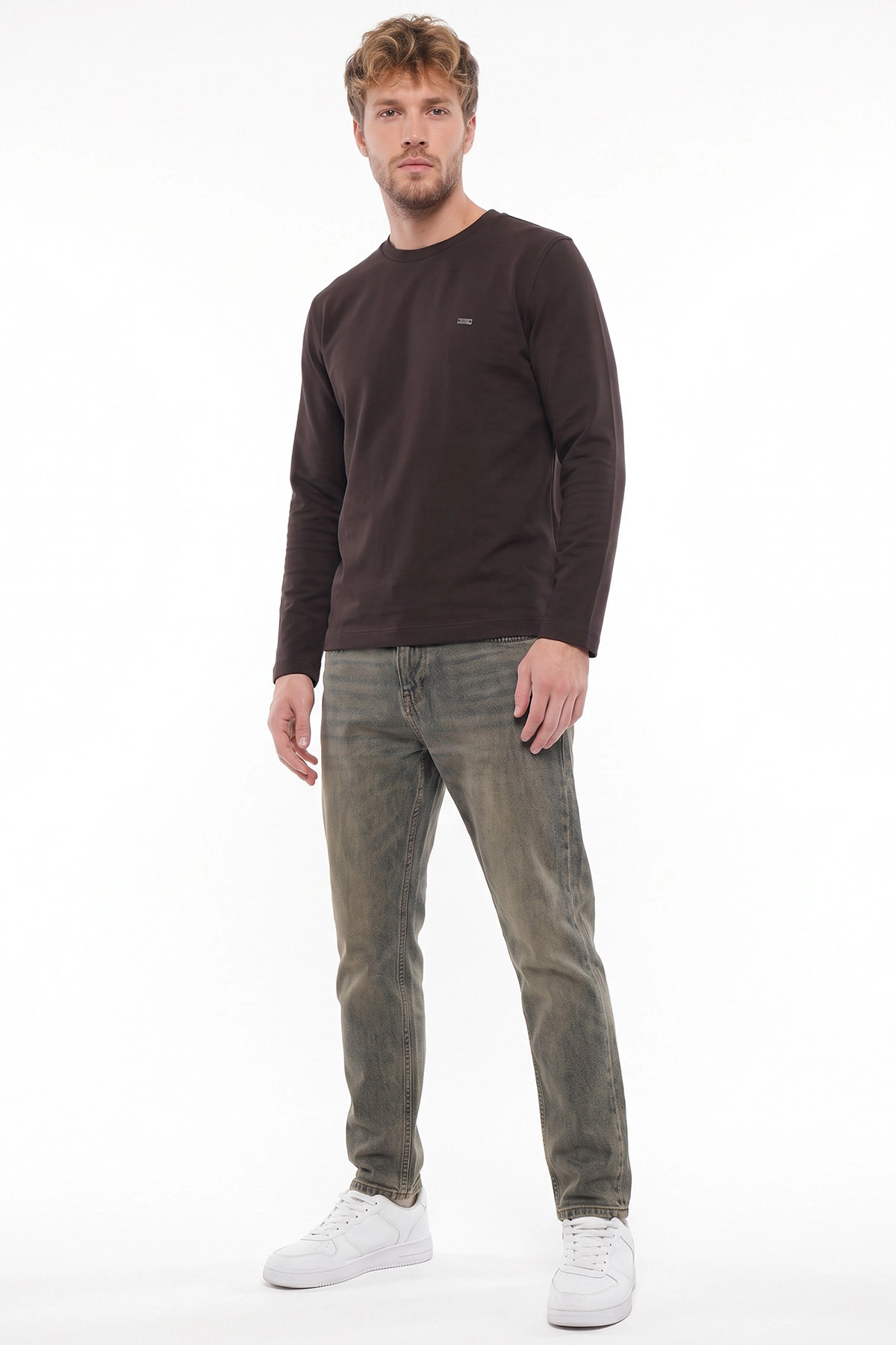 Kahverengi Bisiklet Yaka Sırt Detay Erkek Sweatshirt 492026
