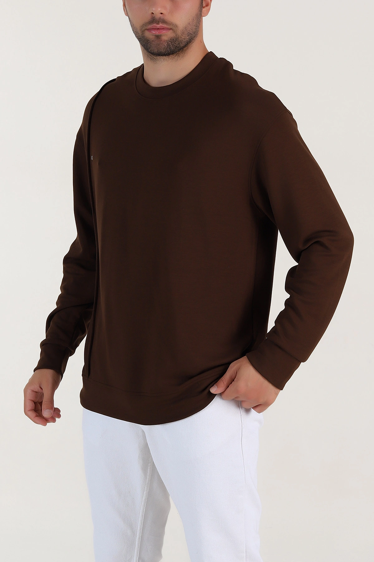 Kahverengi Bisiklet Yaka Uzun Kollu Erkek Sweatshirt 396969