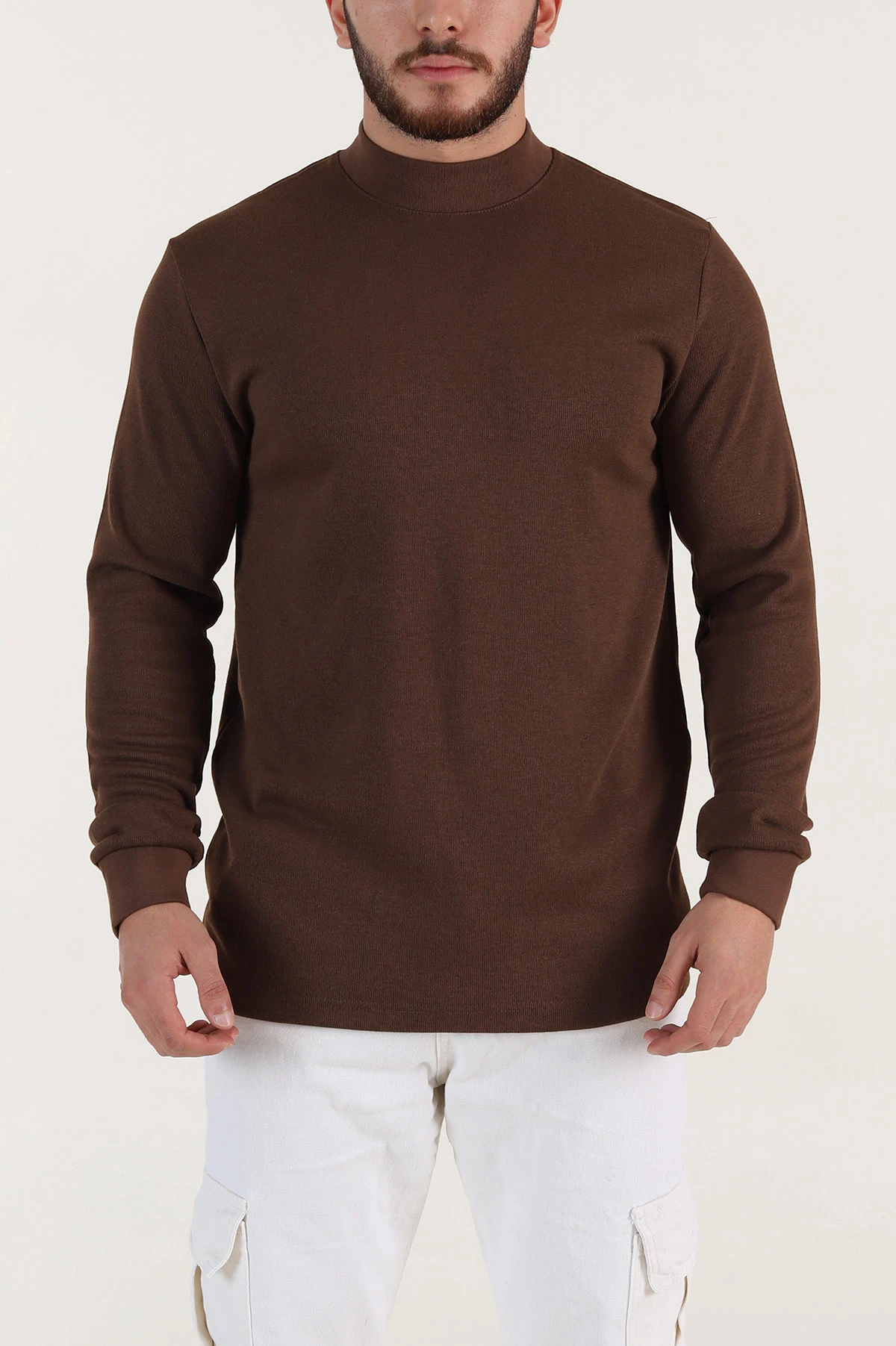 Kahverengi Regular Fit Yarım Balıkçı Yaka Uzun Kollu Erkek Sweatshirt 397043