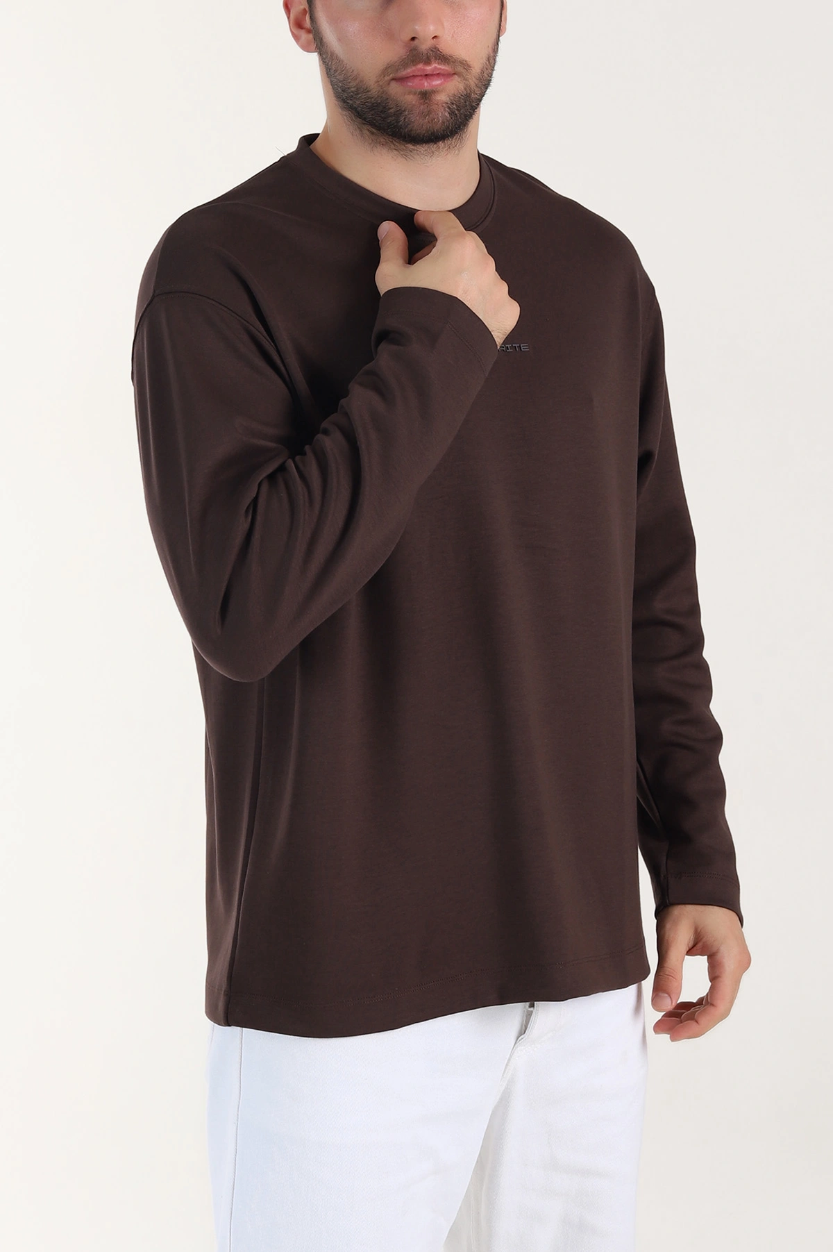 Kahverengi Bisiklet Yaka Yazı Detaylı Erkek Sweatshirt 409095