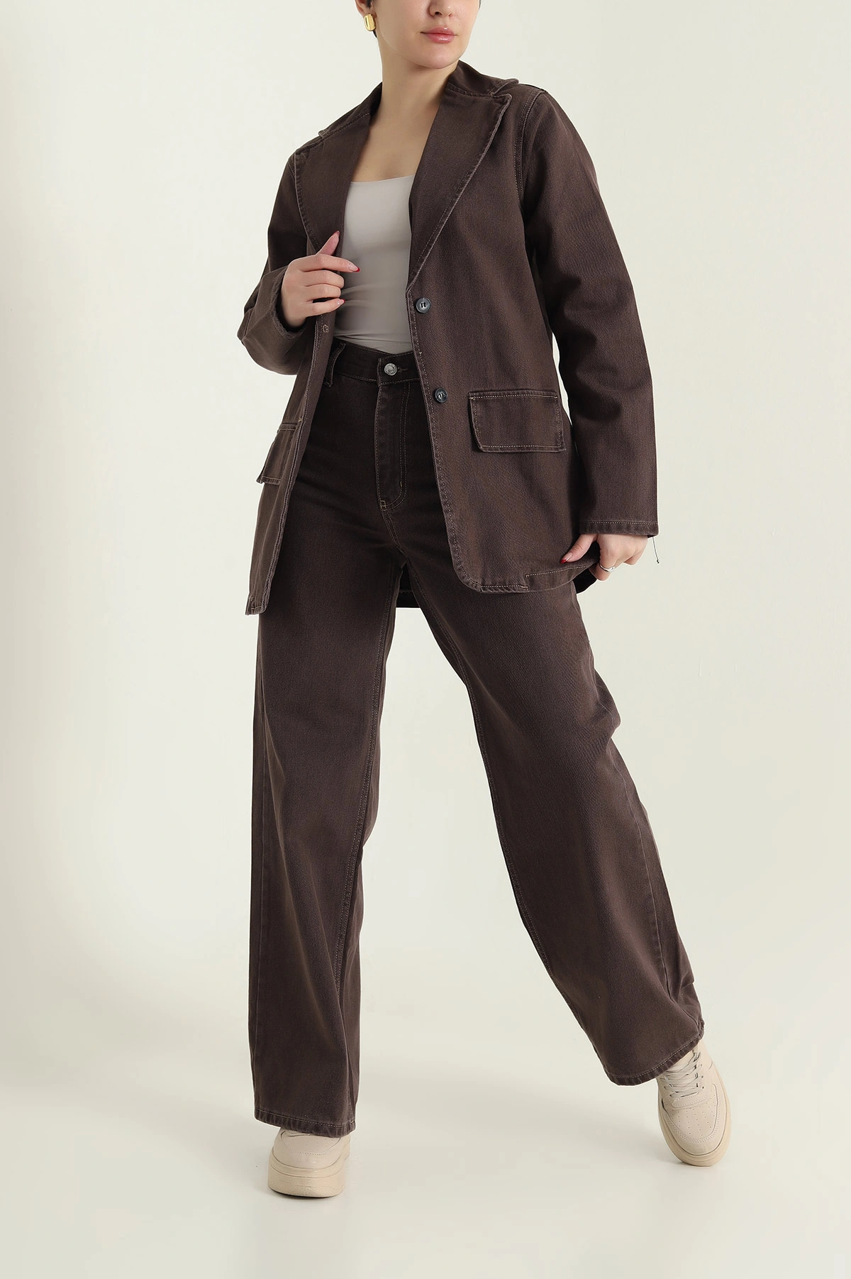 Kahverengi Blazer Ceket Pantolon Kadın Kot İkili Takım 436010