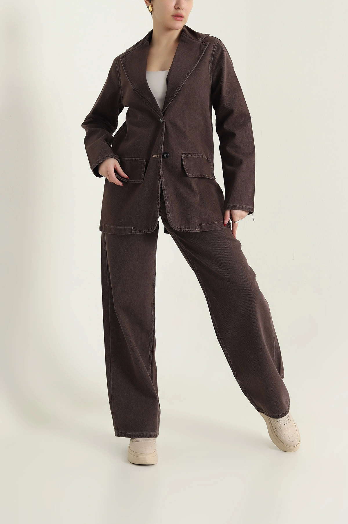 Kahverengi Blazer Ceket Pantolon Kadın Kot İkili Takım 436010