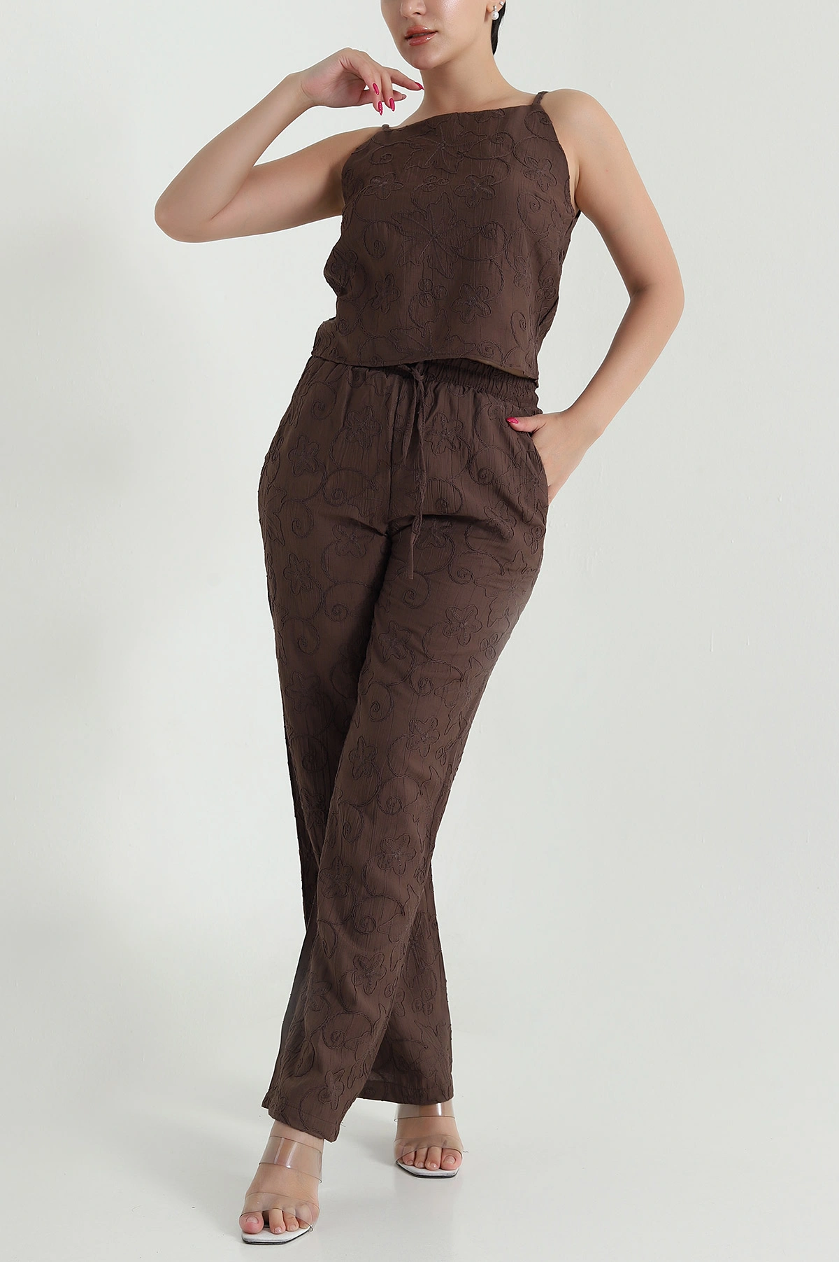 Kahverengi Bluz Pantolon Çilek Kumaş Nakışlı İkili Takım 474357